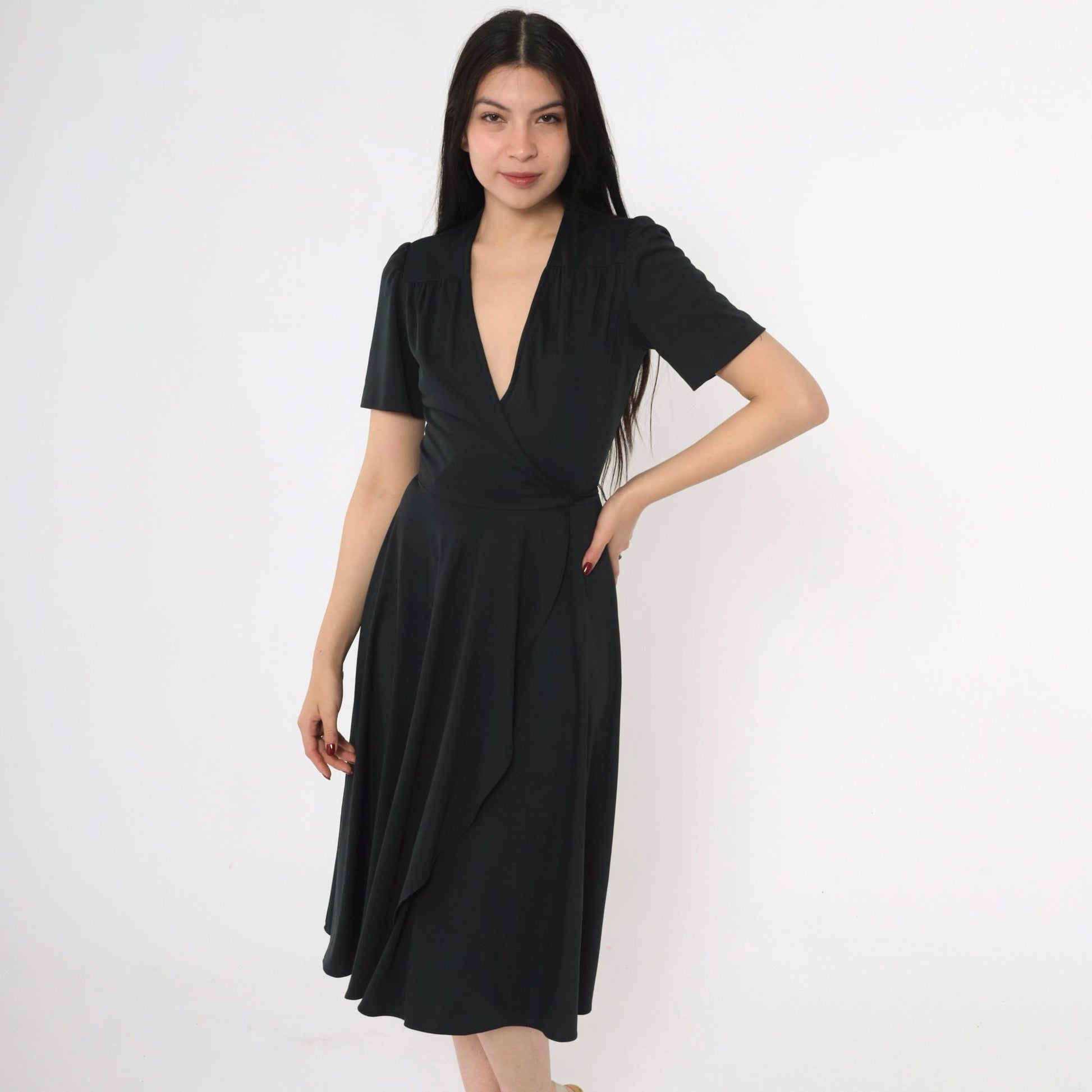 70s Young Edwardian Arpeja Black Wrap Midi Dress Puff Sleeve V Neck Small