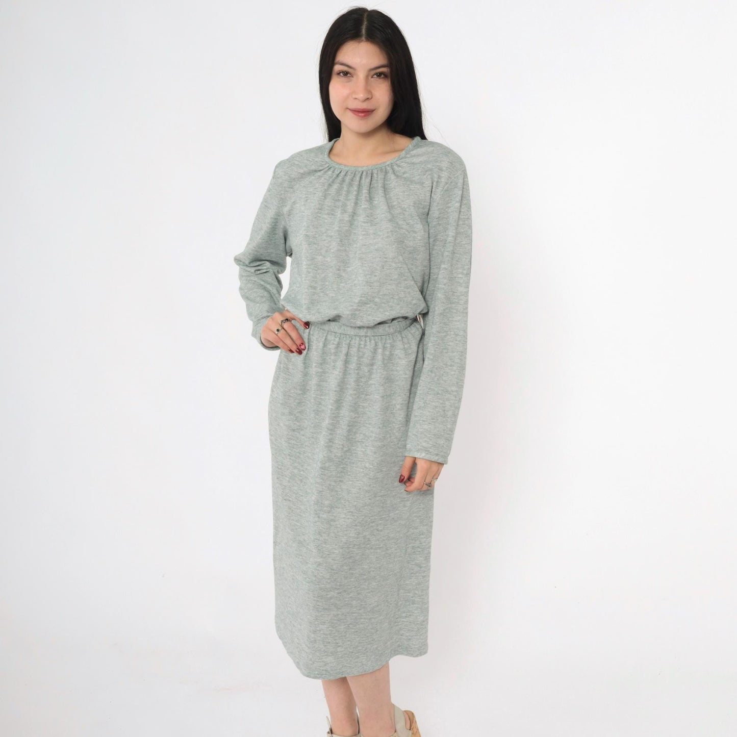 80s Heather Green Wool Blend Midi Dress High Waist Long Sleeve Belt Extra Large