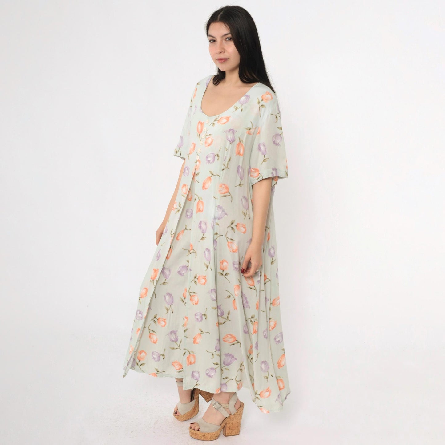 90s Jamie Brooke Floral Maxi Dress Green Button-Up Scoop Neck Short Sleeve XXL