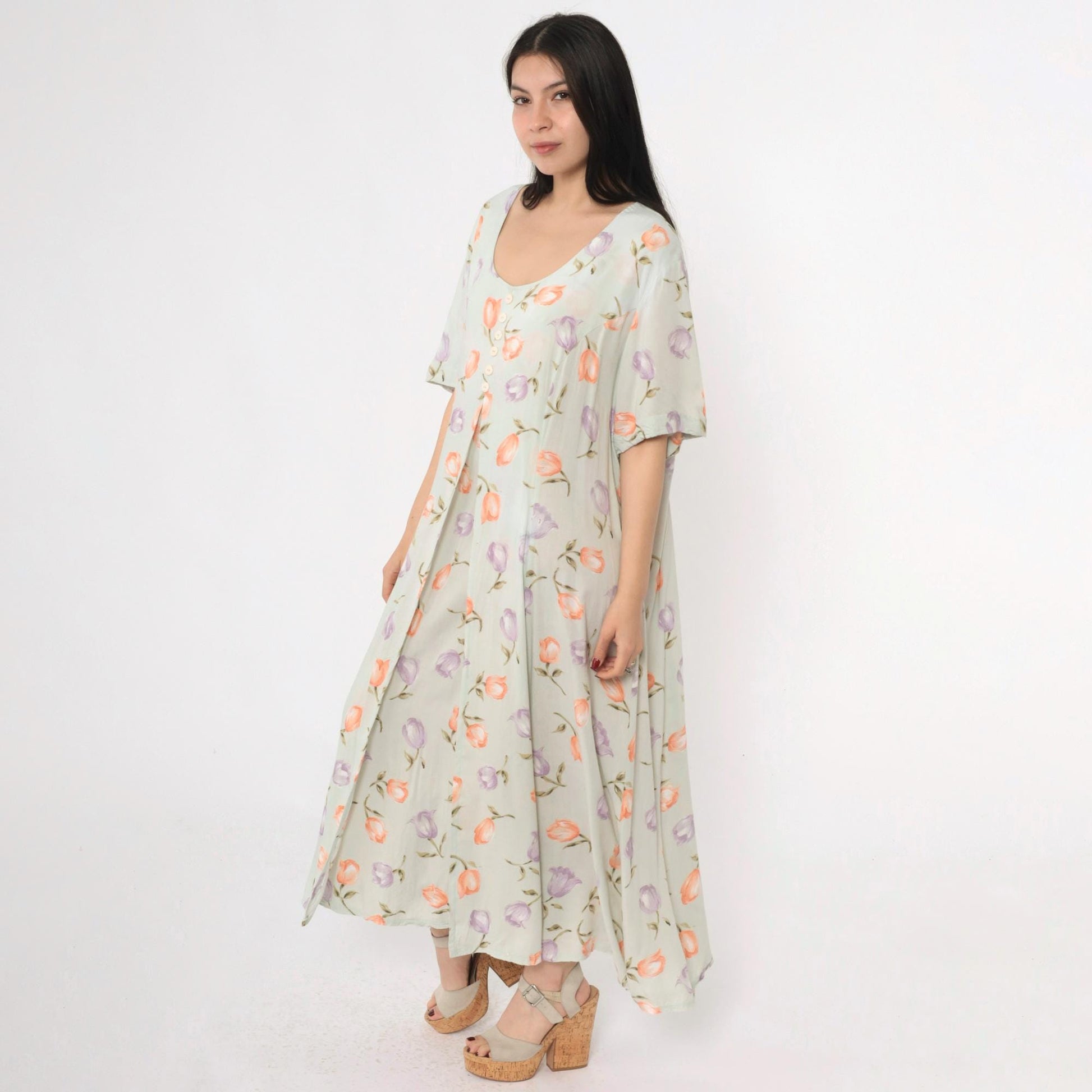 90s Jamie Brooke Floral Maxi Dress Green Button-Up Scoop Neck Short Sleeve XXL