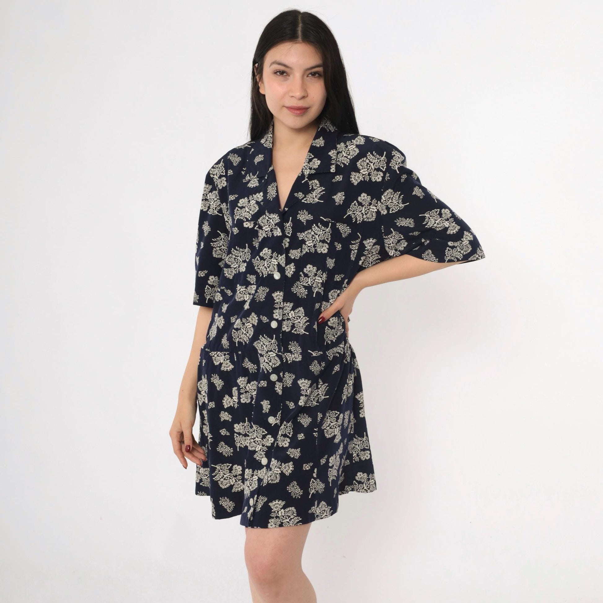 80s Liz Claiborne Navy Floral Midi Dress Drop Waist Button Front Extra Large