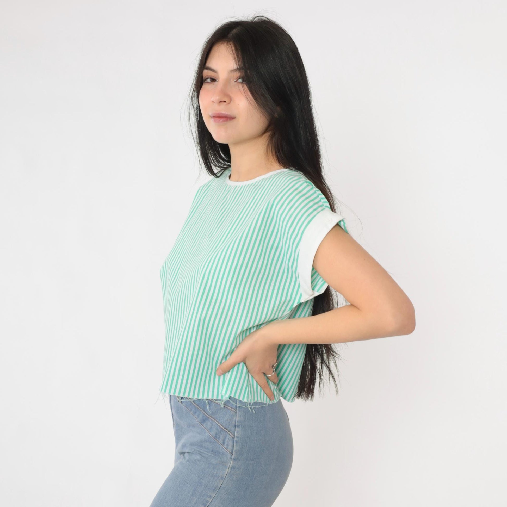 80s White Green Striped Crop Top Cap Sleeve Raw Hem Medium