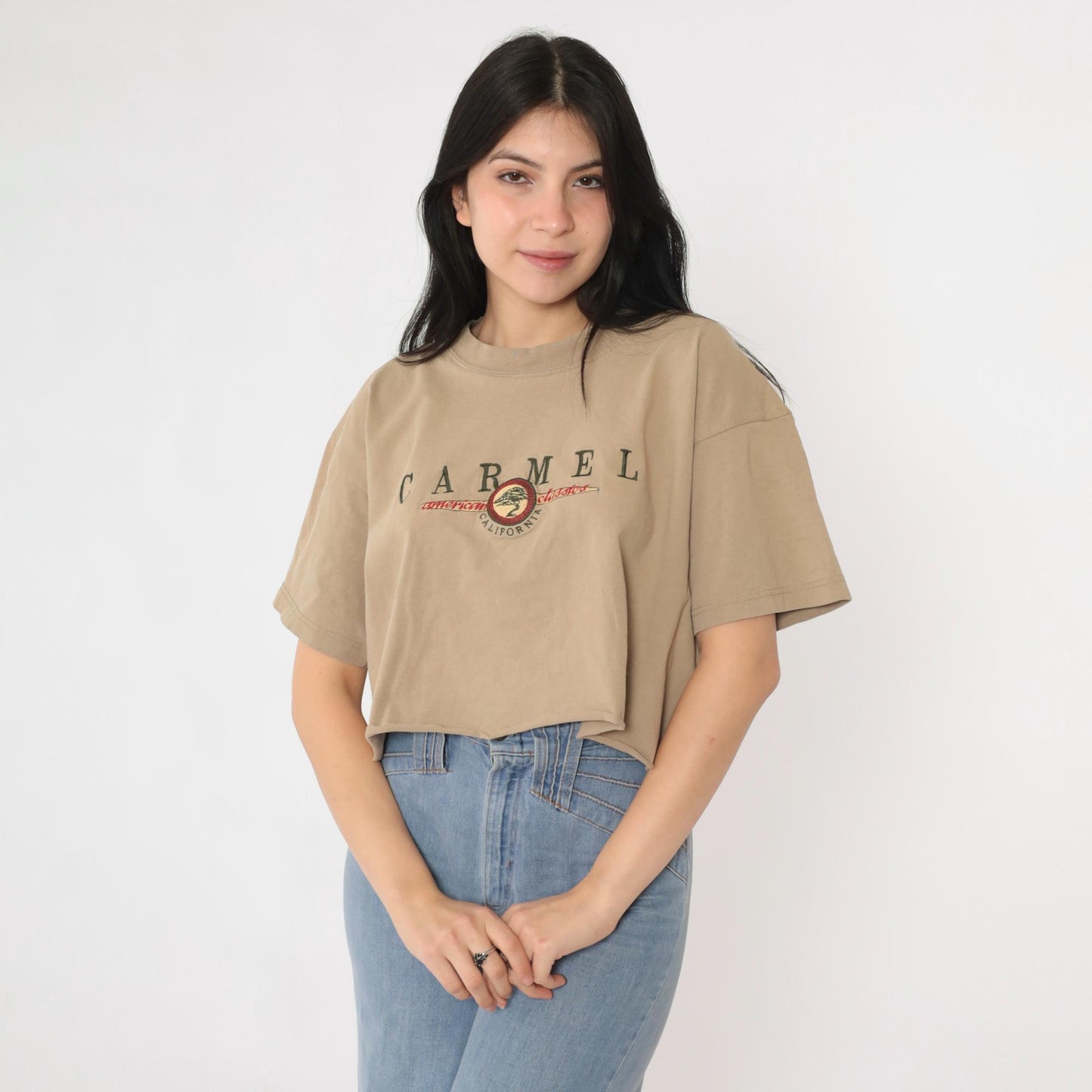 90s Carmel California Embroidered Crop Tee Tan Cotton Large L