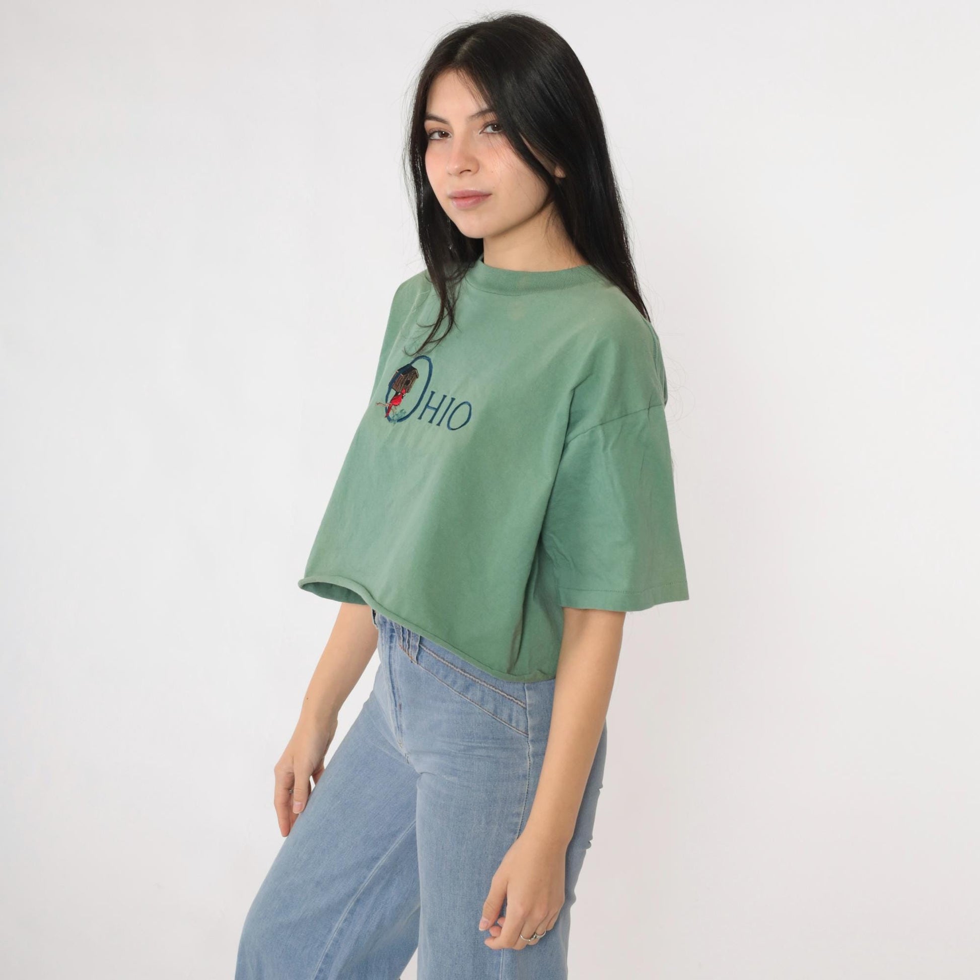 90s Ohio Cardinal Graphic T-Shirt Faded Green Crop Top Medium