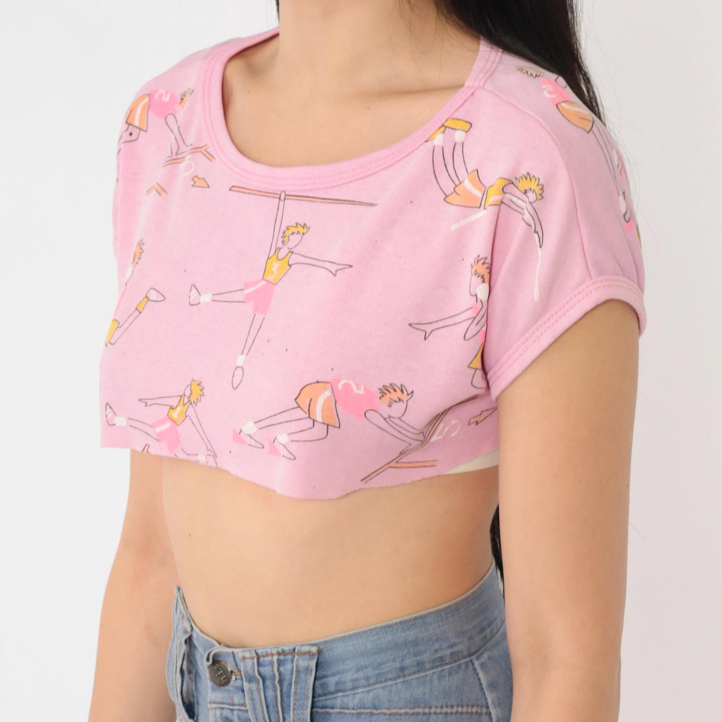 80s Track and Field Crop Top Pink Graphic Tee Cartoon Runners Small
