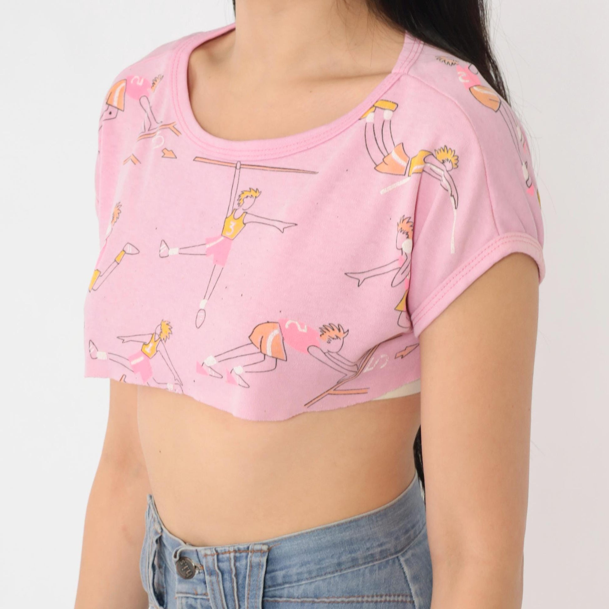 80s Track and Field Crop Top Pink Graphic Tee Cartoon Runners Small