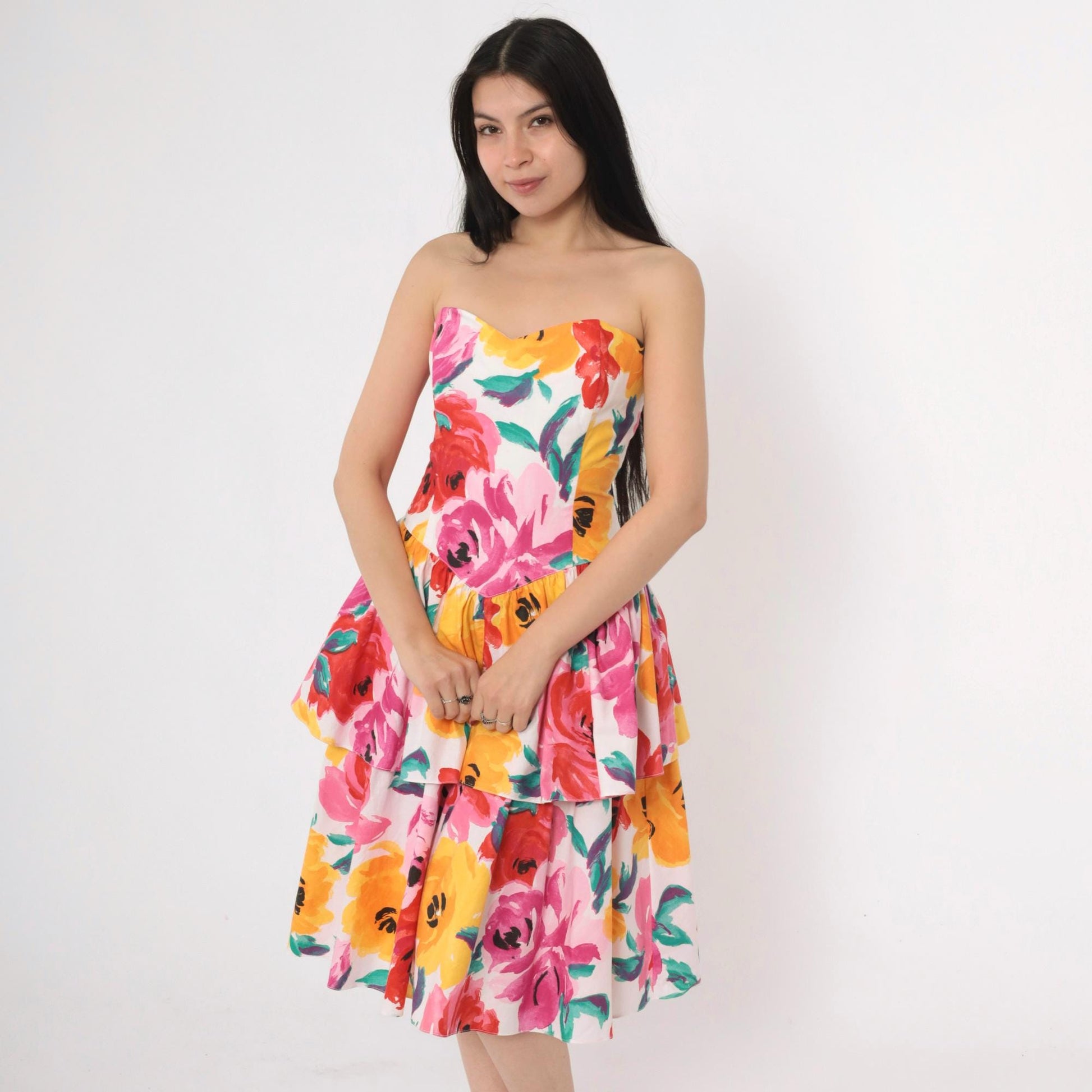 80s Robbie Bee Strapless Floral Midi Dress Sweetheart Neckline Smocked Pink Yellow Small Medium