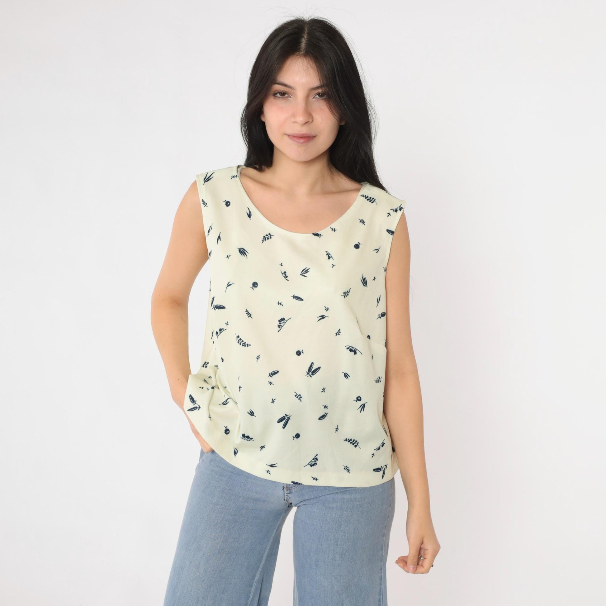 70s Cream Floral Tank Top Botanical Print Sleeveless Blouse Large L