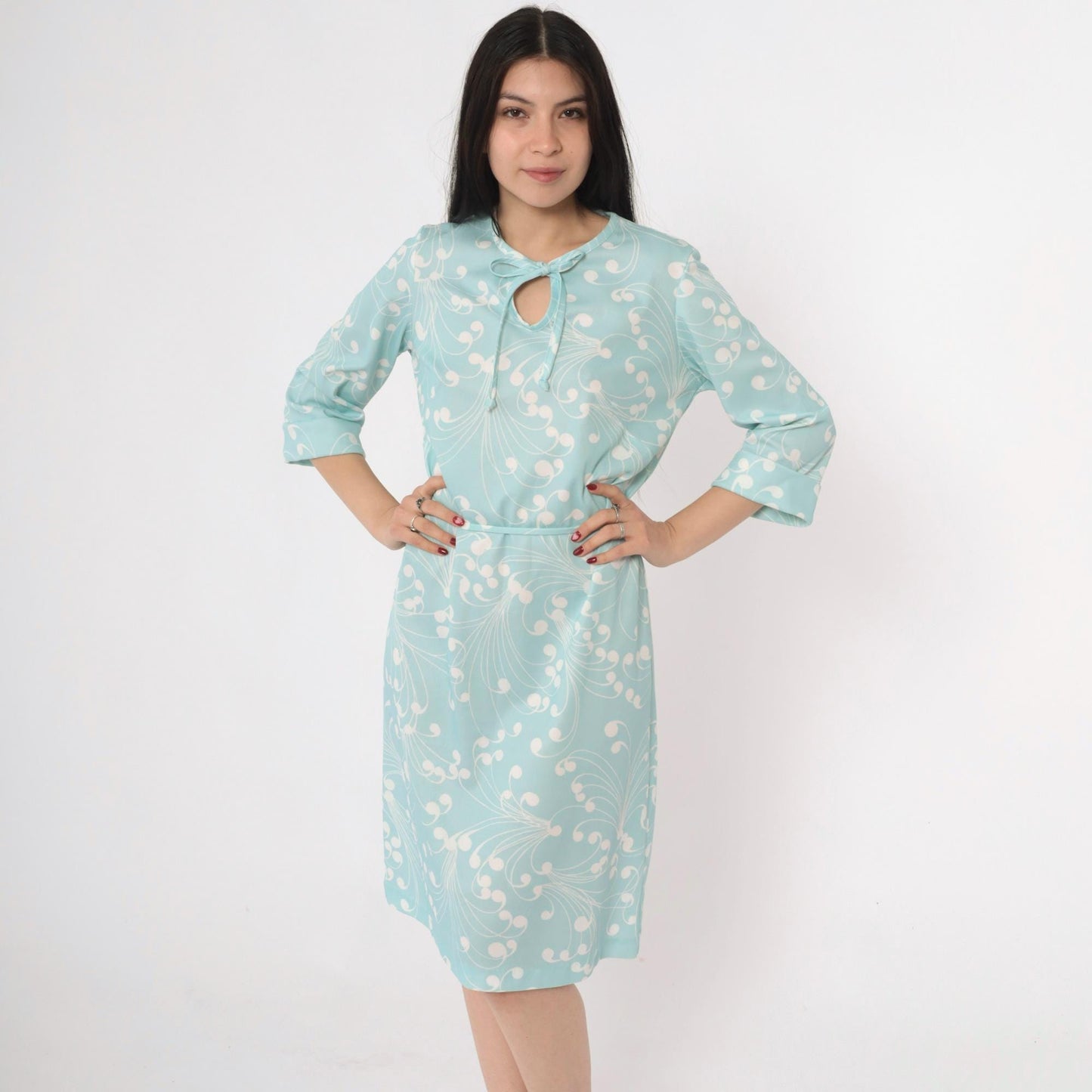 70s Lady Blair Aqua Swirl Print Shift Dress Keyhole Tie Neck Medium
