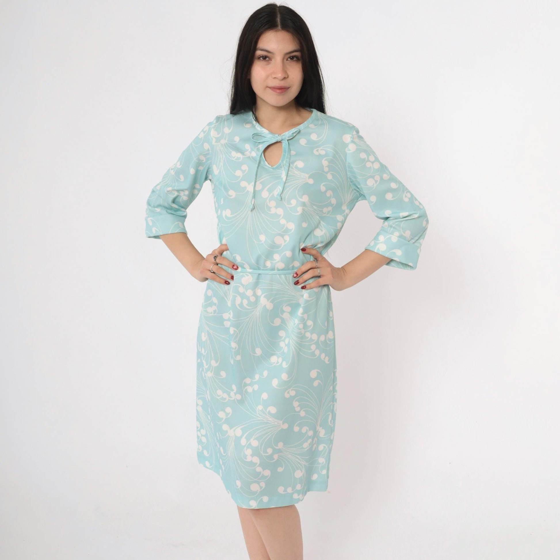 70s Lady Blair Aqua Swirl Print Shift Dress Keyhole Tie Neck Medium
