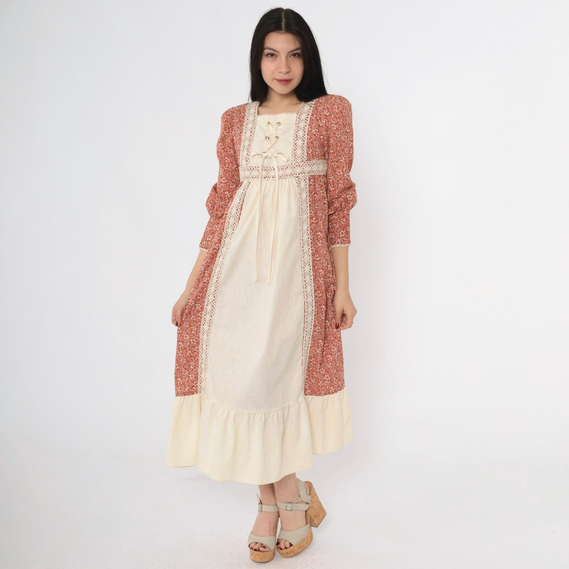 70s Prairie Dress Burnt Orange Calico Floral Midi Puff Sleeve Lace-Up Small