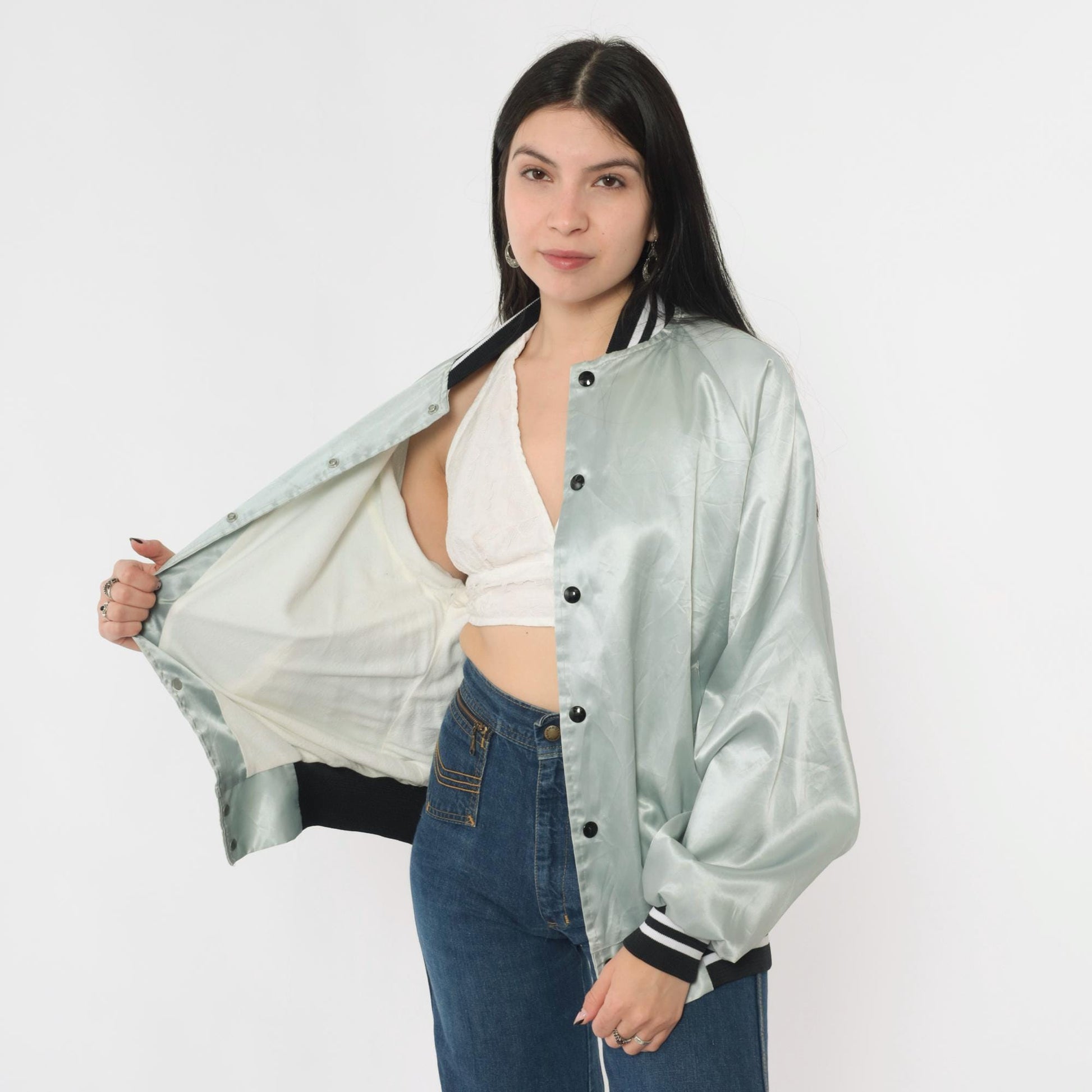 80s Silver Satin Bomber Jacket Tower Tavern Manitowoc Snap Front Men's Large