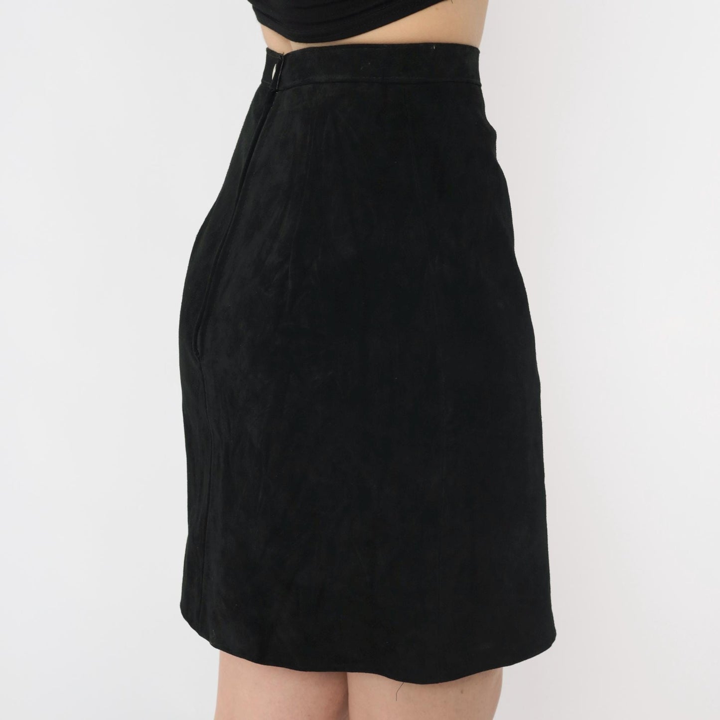 80s Black Suede Mini Skirt High Waist Bodycon Leather Extra Small