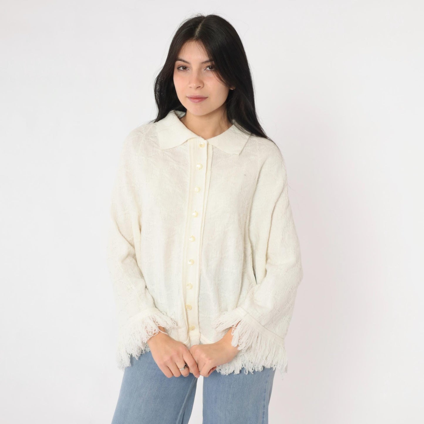 70s White Knit Poncho Button-Up Cape Fringe Trim One Size