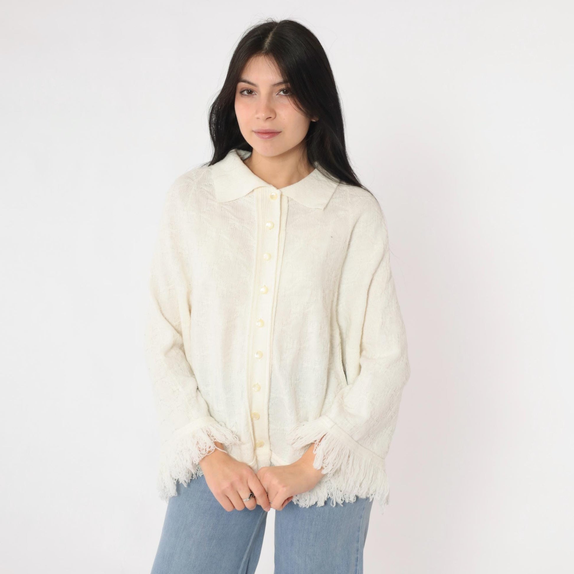 70s White Knit Poncho Button-Up Cape Fringe Trim One Size