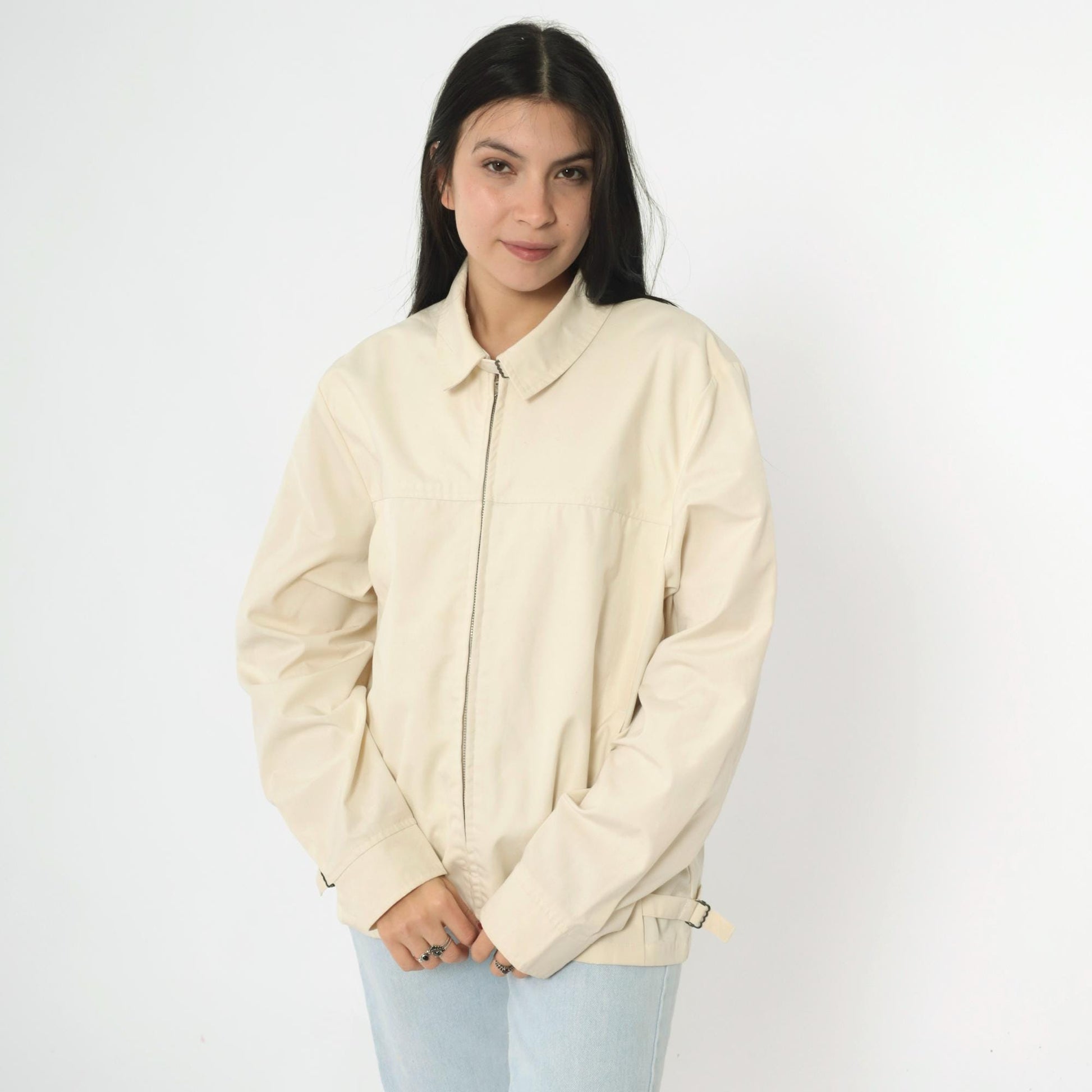 80s Cream Windbreaker Jacket Full Zip Bomber Neck Buckle Men's Medium