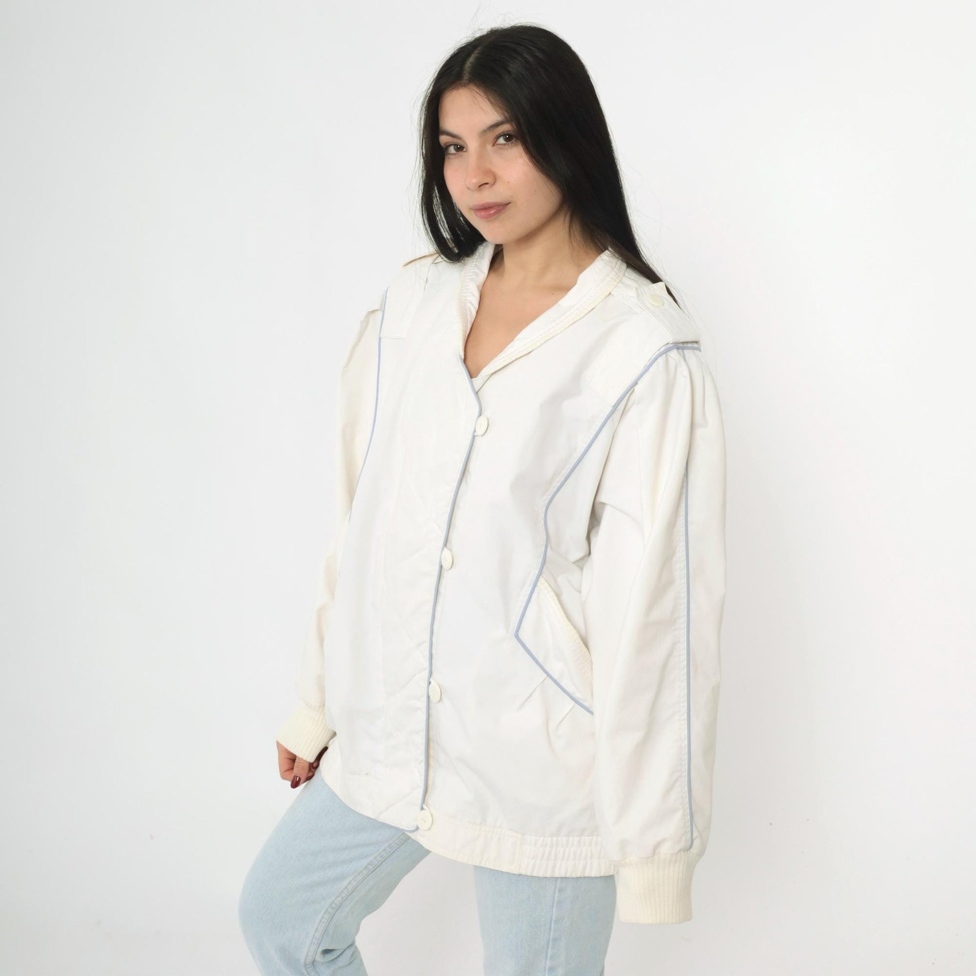 80s White Windbreaker Jacket Puff Sleeve Epaulet Bomber Medium