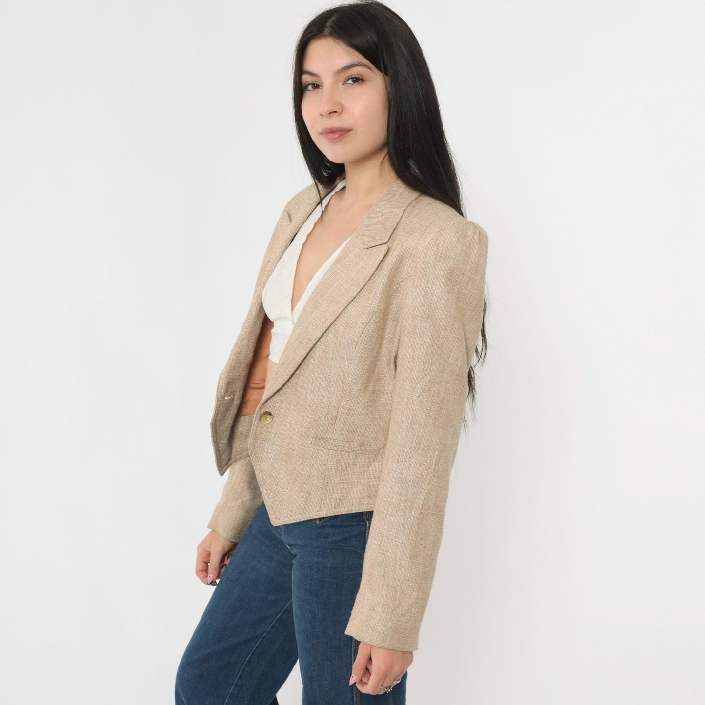 80s Tan Textured Blazer Puff Sleeve Single Button Cropped Tailored Medium