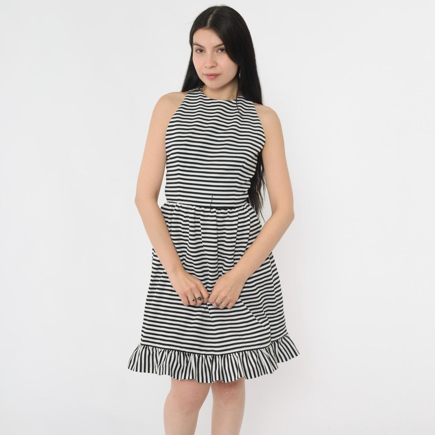 70s Joan Leslie Black White Striped Fit Flare Dress Criss-Cross Back Extra Small