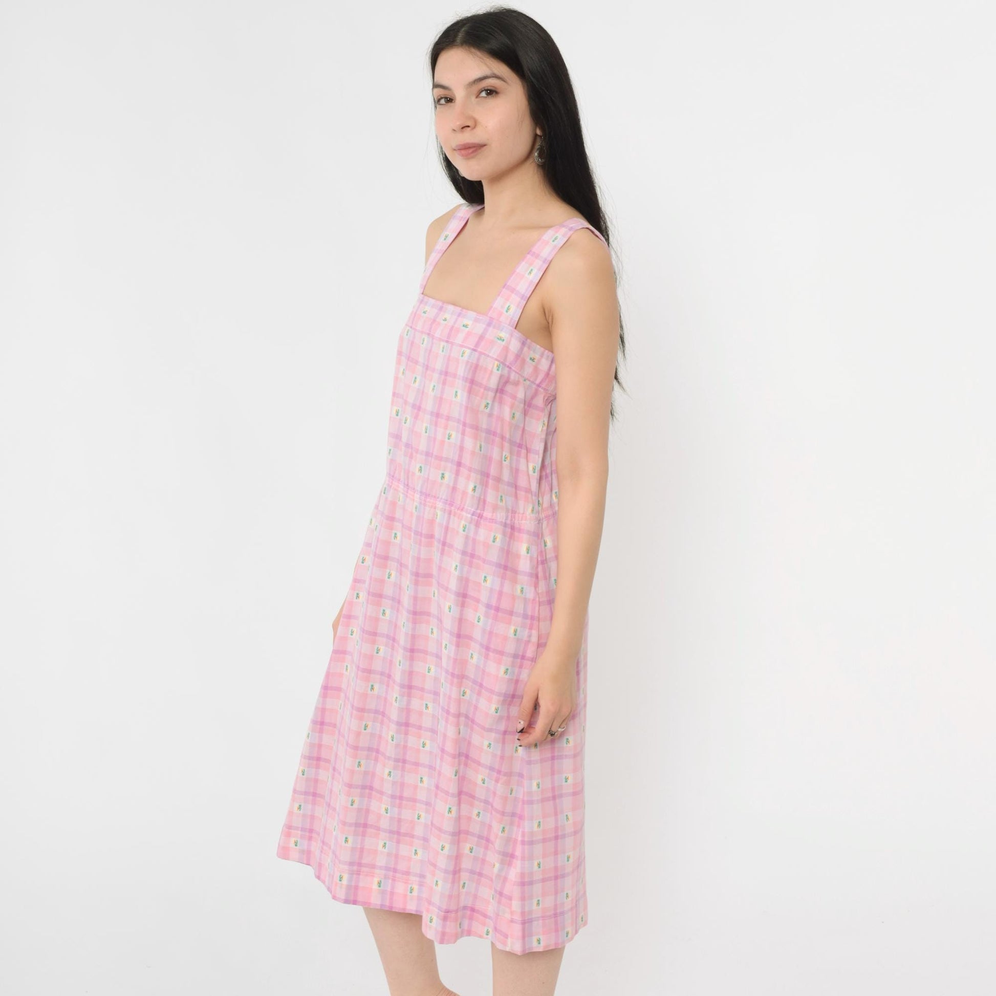 80s Pink Purple Plaid Midi Sundress Embroidered Palm Trees Sleeveless Small