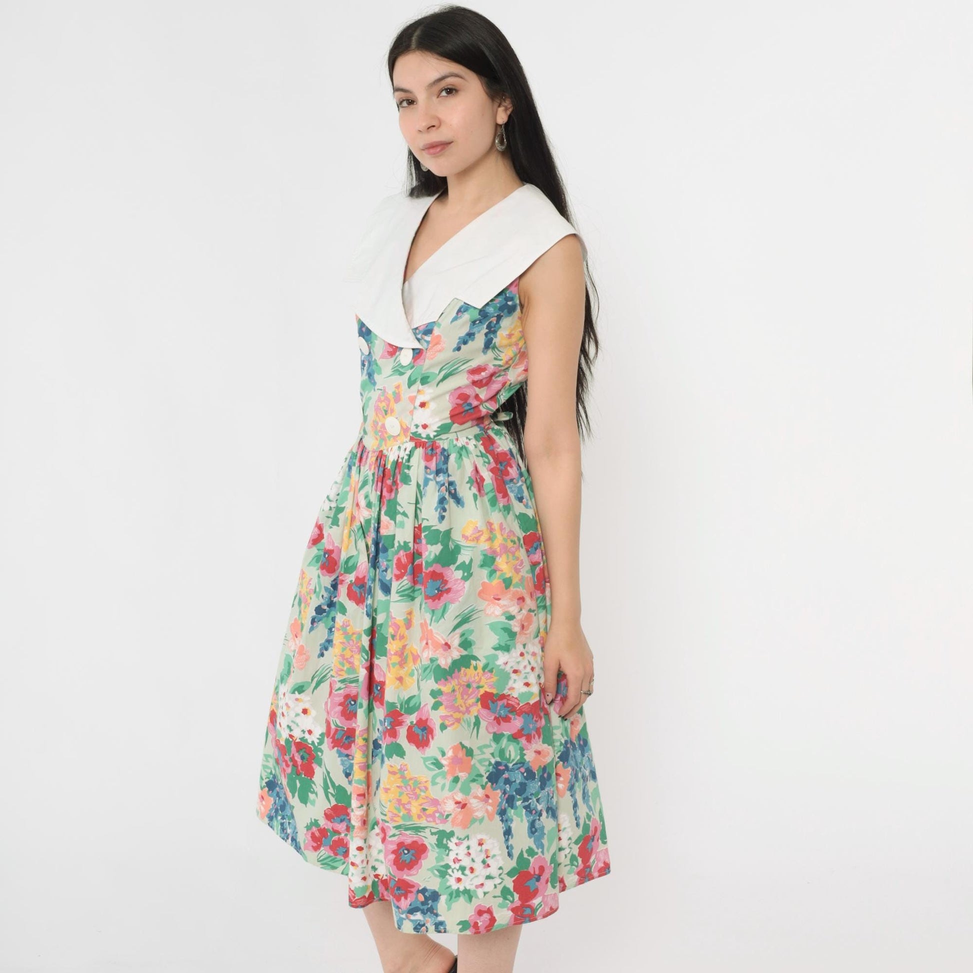 80s Floral Midi Dress Green White Collar Double Breasted Sleeveless Small