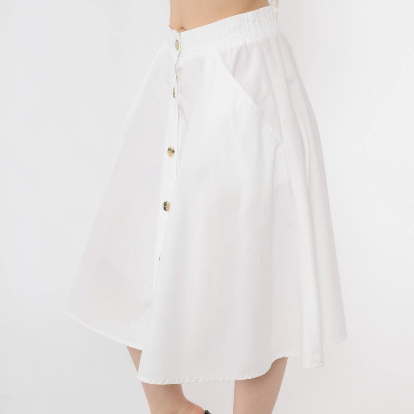 80s West Park White Button-Up Midi Skirt High Waist A-Line Pockets Small