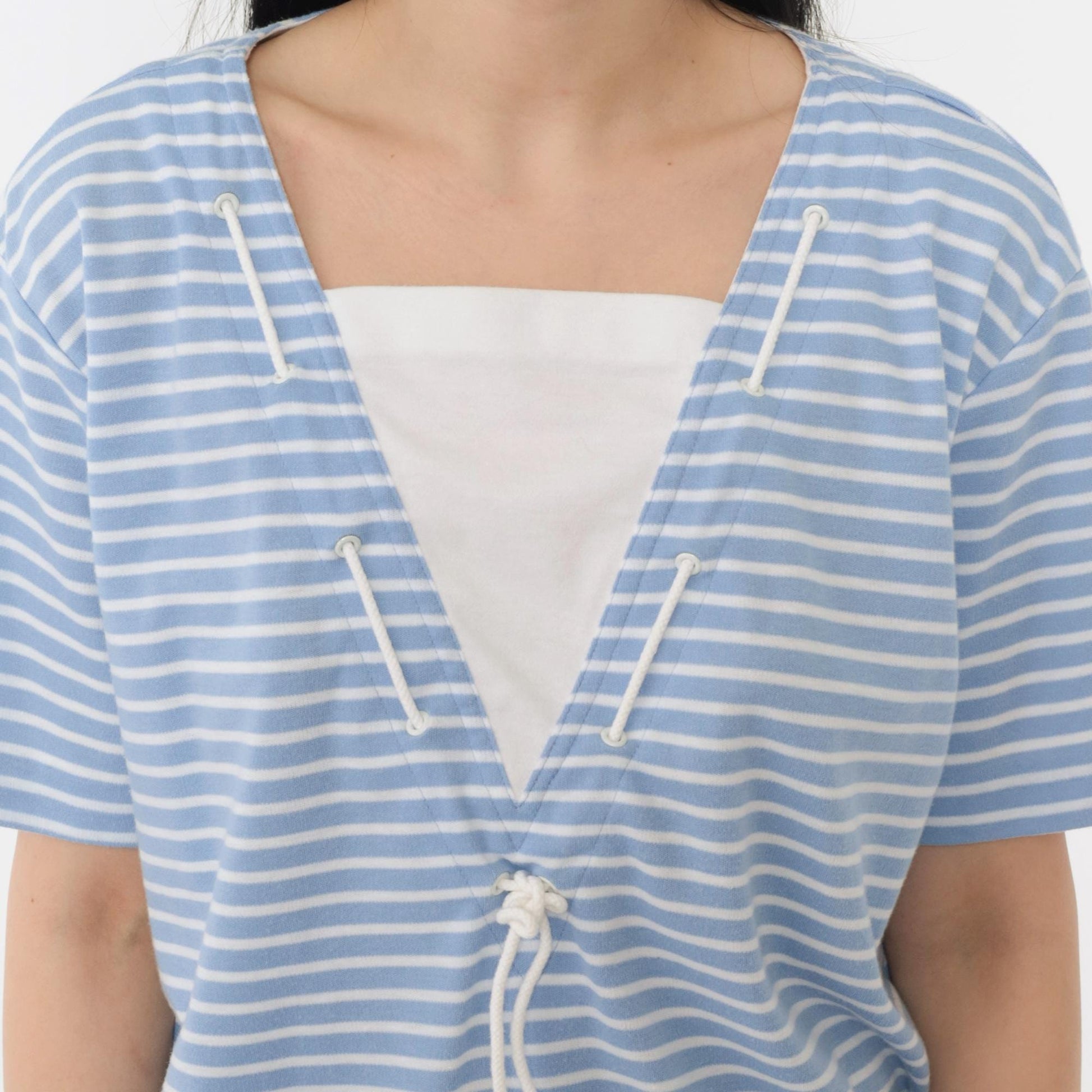 80s Jantzen Nautical Striped Shirt Light Blue White Drawstring Neck Medium Large