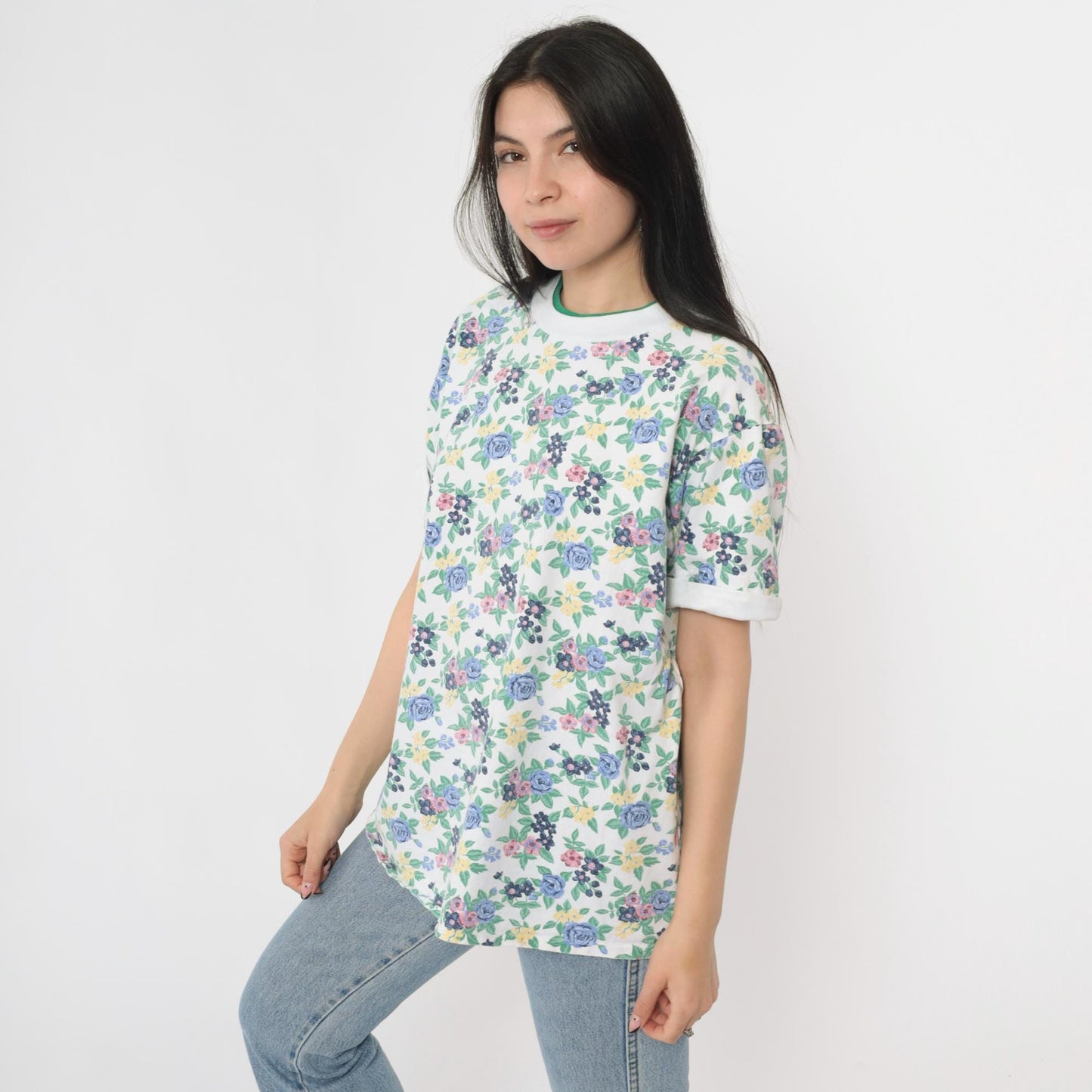 90s Floral Ringer Tee White Green Blue Rose Graphic Cuffed Sleeve Extra Large