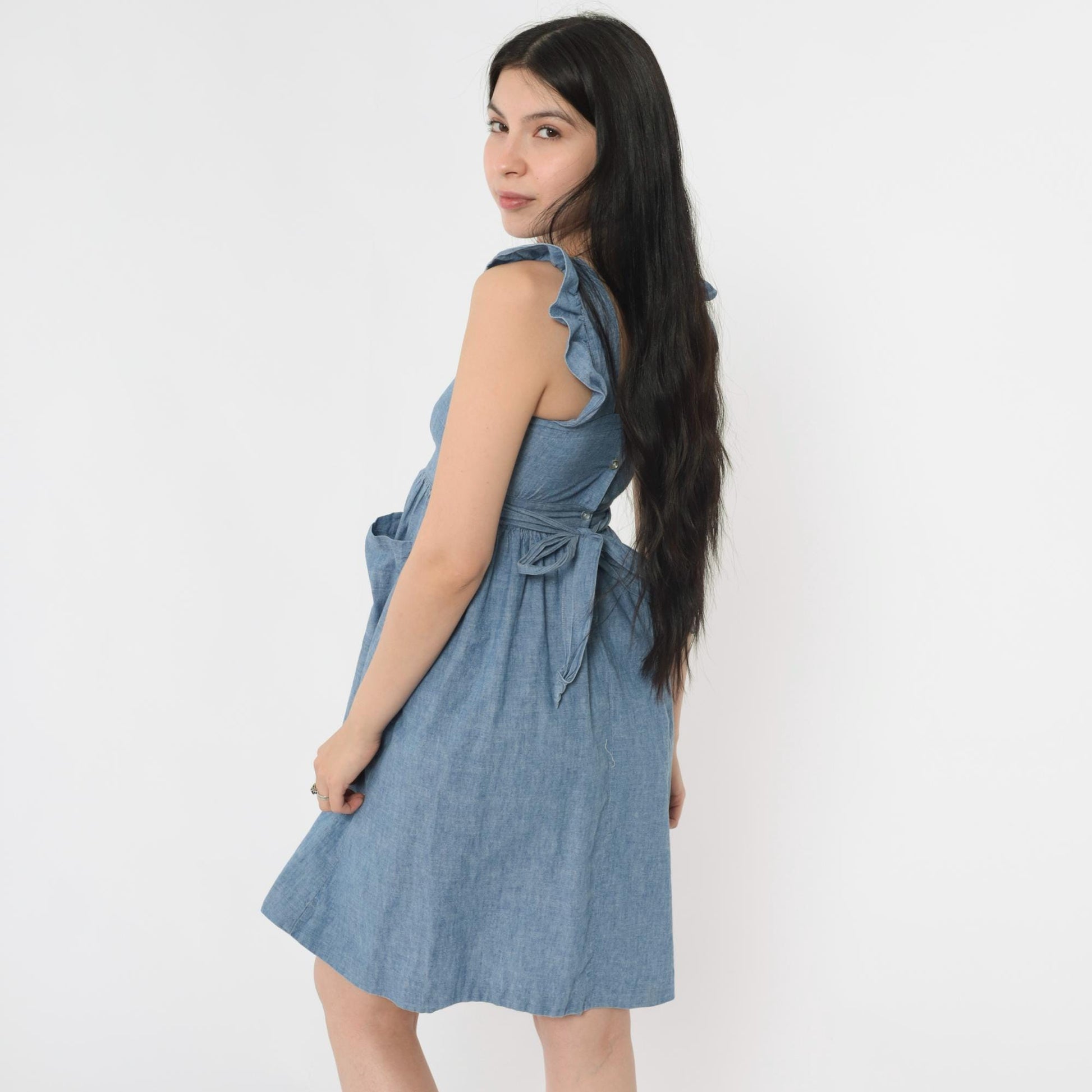 90s Chambray Mini Sundress Blue Square Neck Ruffle Sleeves Button Back 2XS