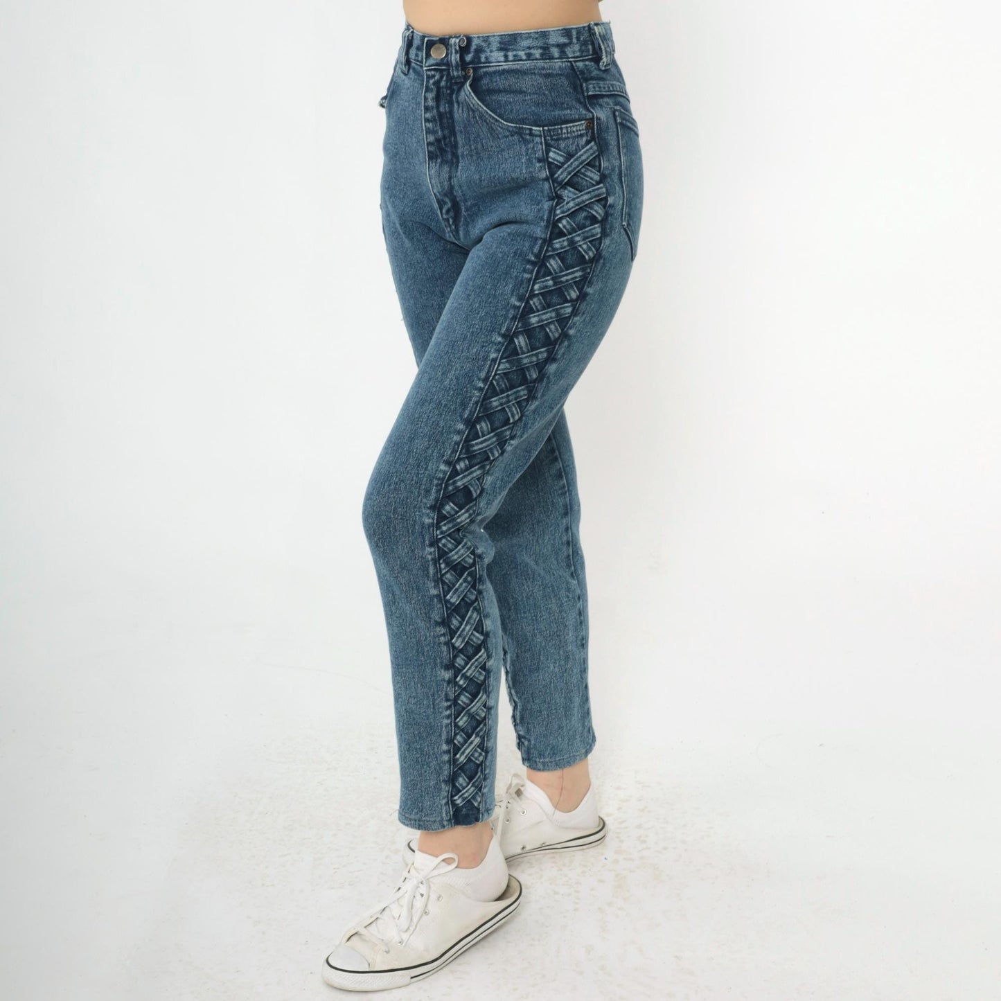 90s Blue Denim High Waist Tapered Jeans Lace Up Side Small S