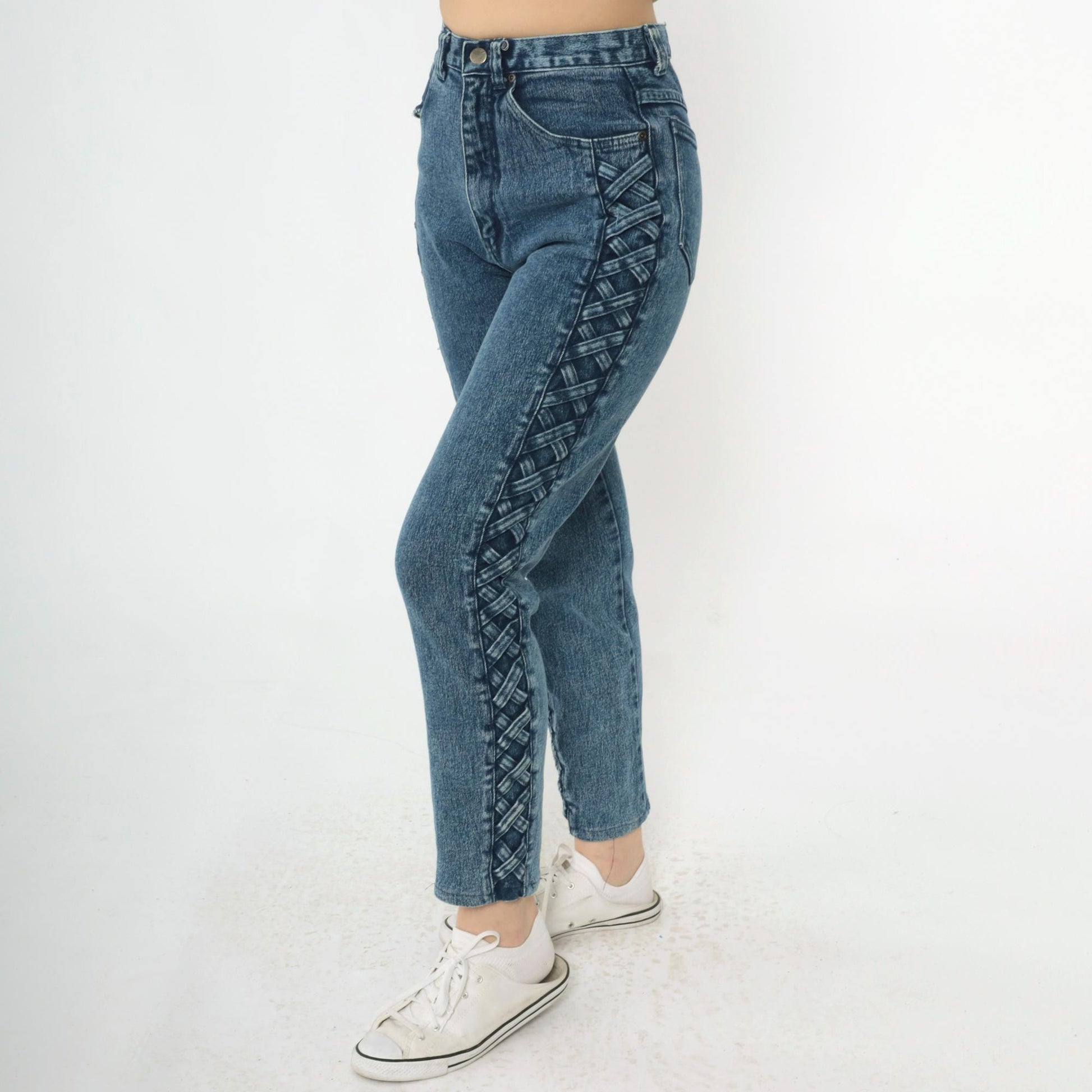 90s Blue Denim High Waist Tapered Jeans Lace Up Side Small S