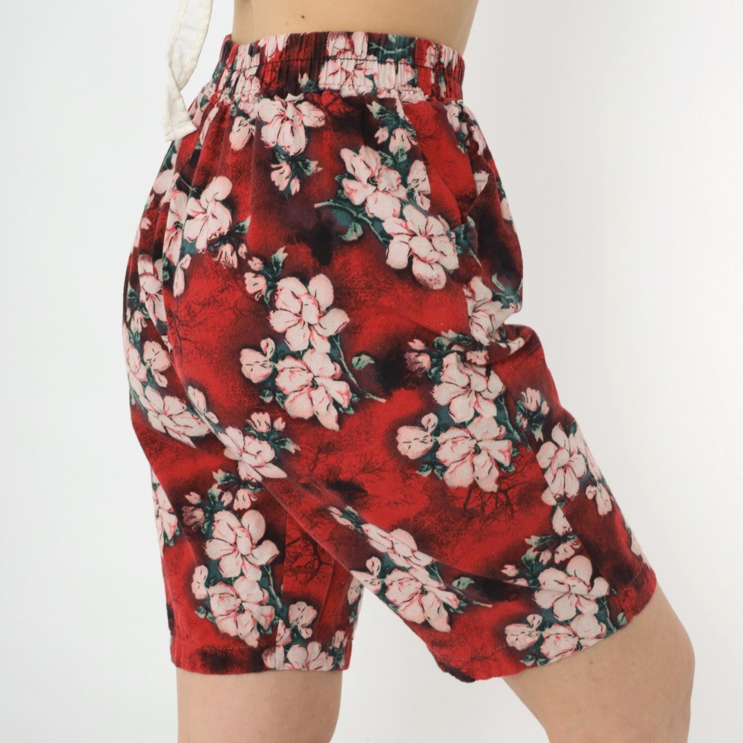 90s Red Floral Bermuda Shorts High Waist Elastic Wide Leg Extra Small
