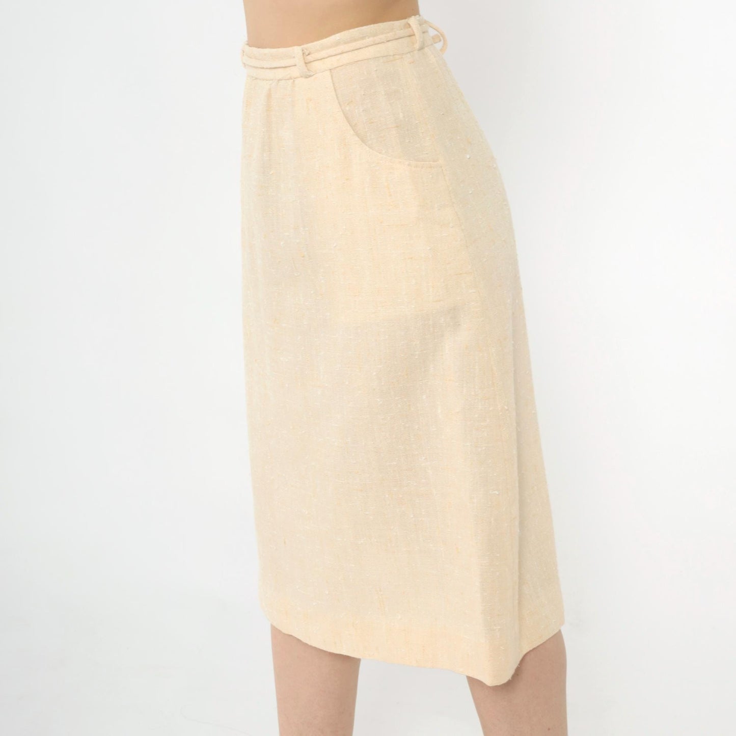 80s Cream Flecked A-Line Midi Skirt High Waist Tie Belt Pockets Small