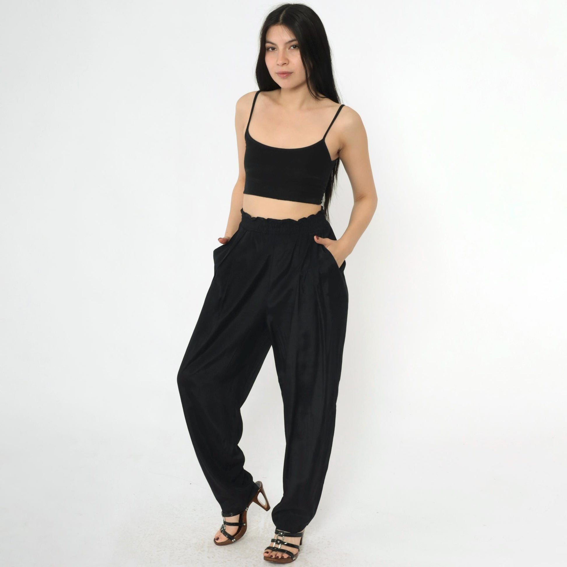 80s Black Pleated High-Waist Tapered Trousers Rayon Medium 10