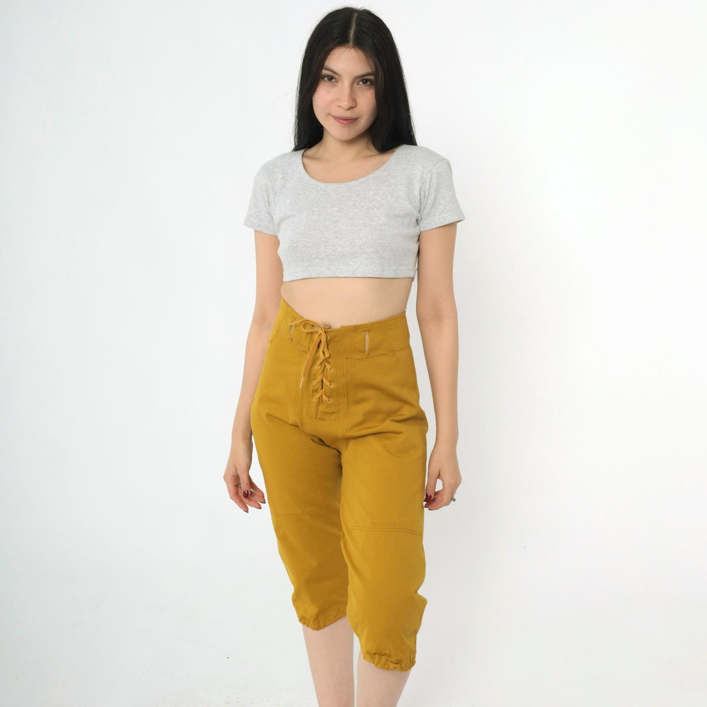 1960s Sand-Knit Football Pants Mustard Gold Lace-Up Cropped Medium