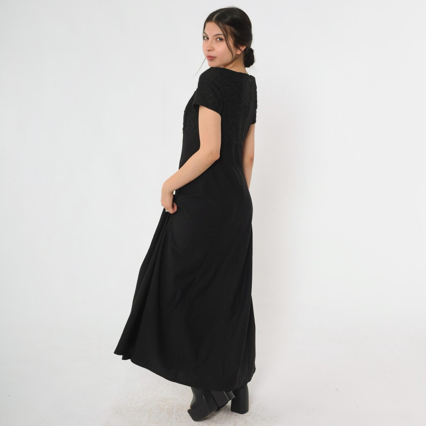 90s Black Beaded Evening Gown Sweetheart Neckline Empire Waist Maxi Dress Small