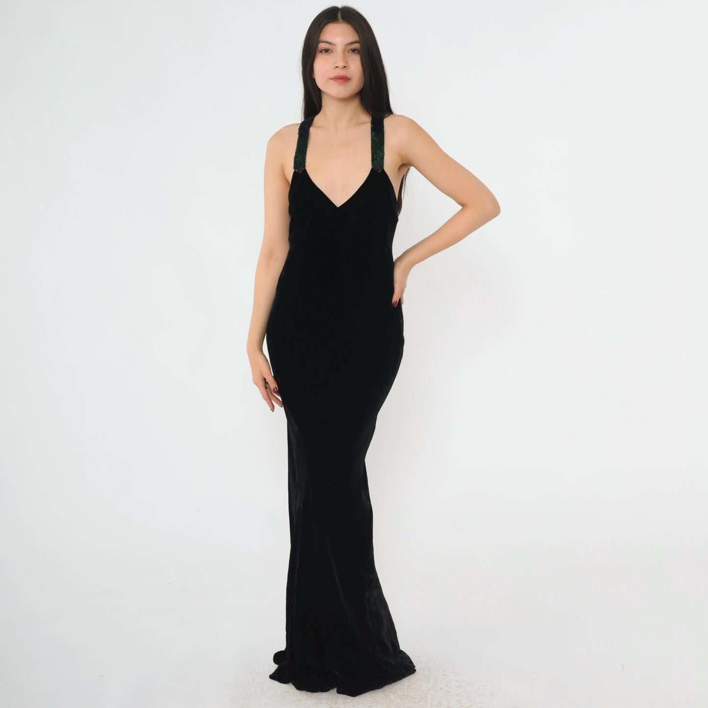 90s Ralph Lauren Collection Black Velvet Maxi Gown Sequin Straps Open Back Small 4