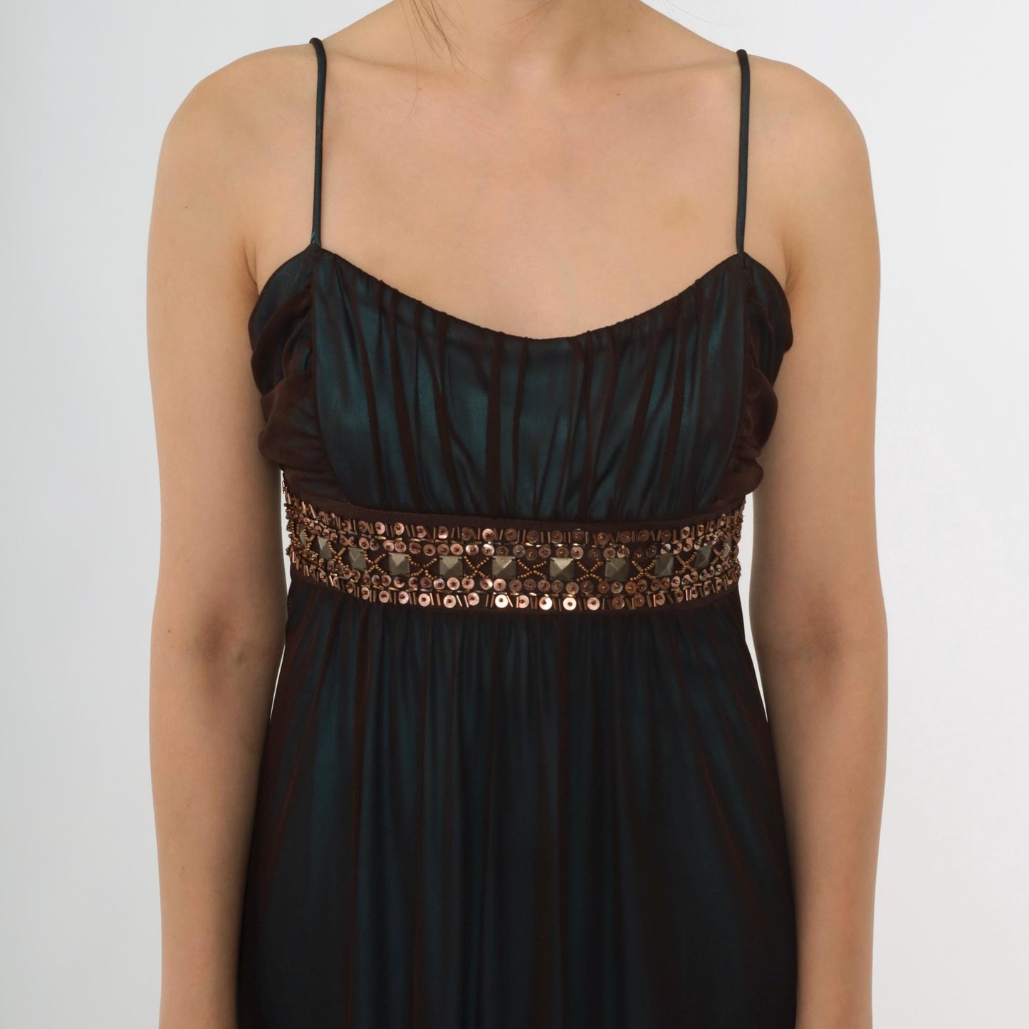 Y2K Teal Sequin Beaded Maxi Party Dress Brown Mesh Overlay Spaghetti Strap Large
