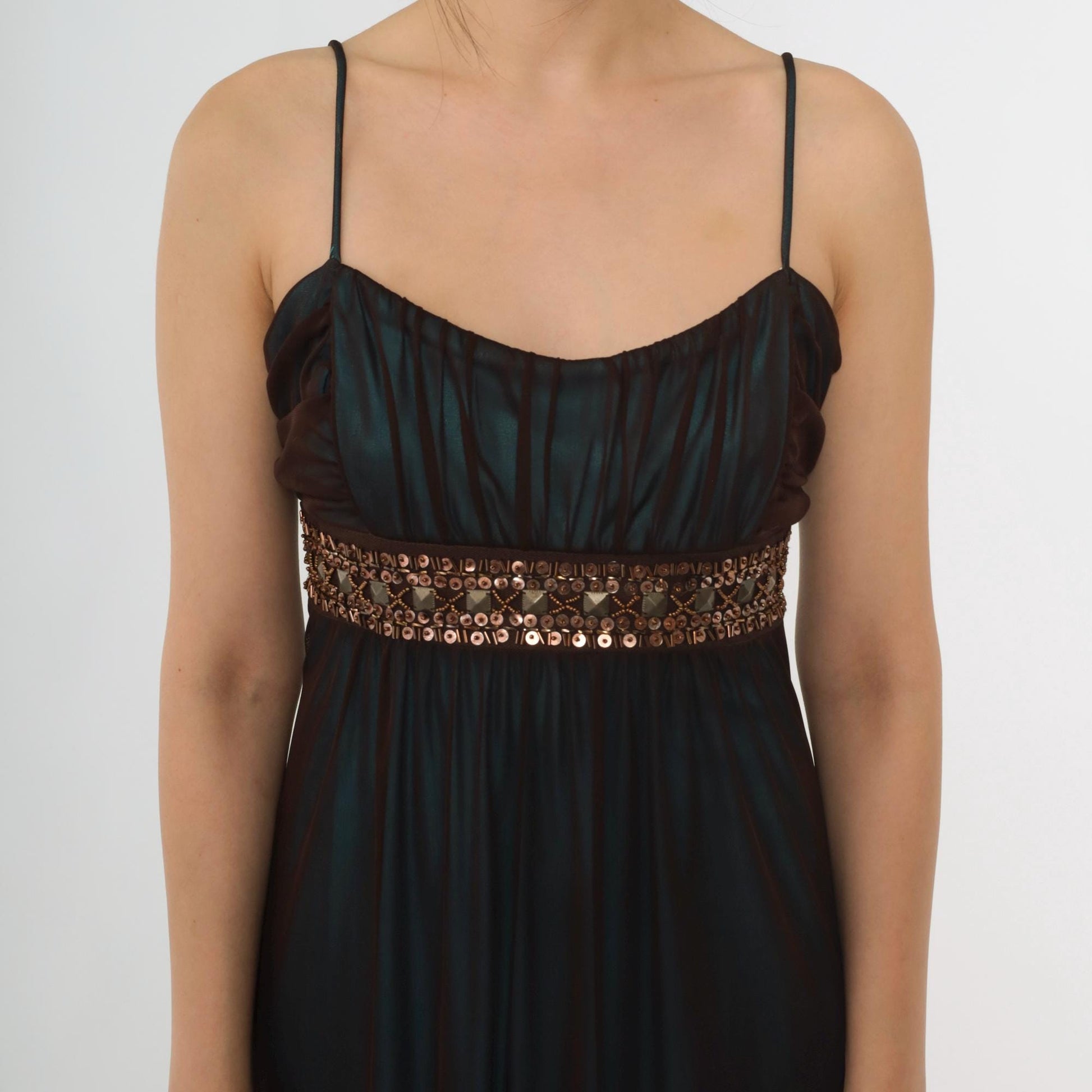 Y2K Teal Sequin Beaded Maxi Party Dress Brown Mesh Overlay Spaghetti Strap Large