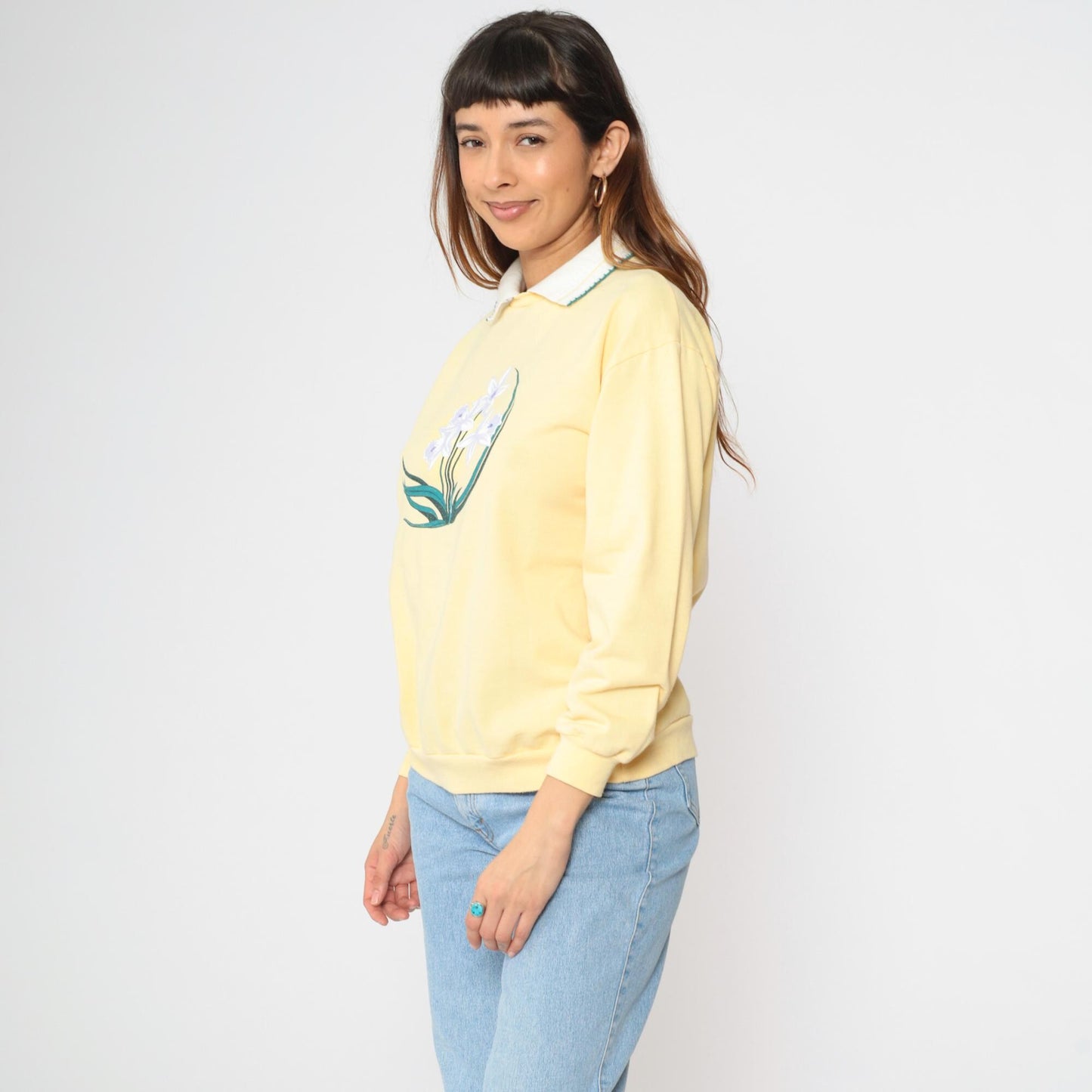 90s Yellow Floral Collared Sweatshirt Graphic Crewneck Medium M