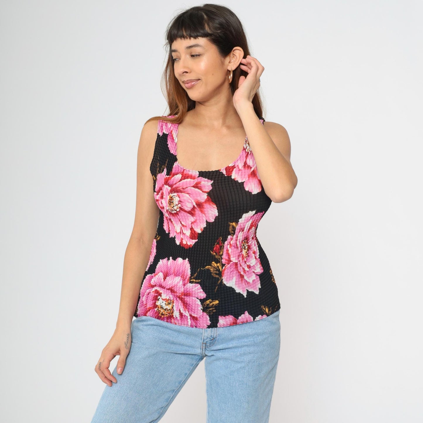 Y2K Floral Popcorn Tank Top Black Pink Scoop Neck Sleeveless Medium