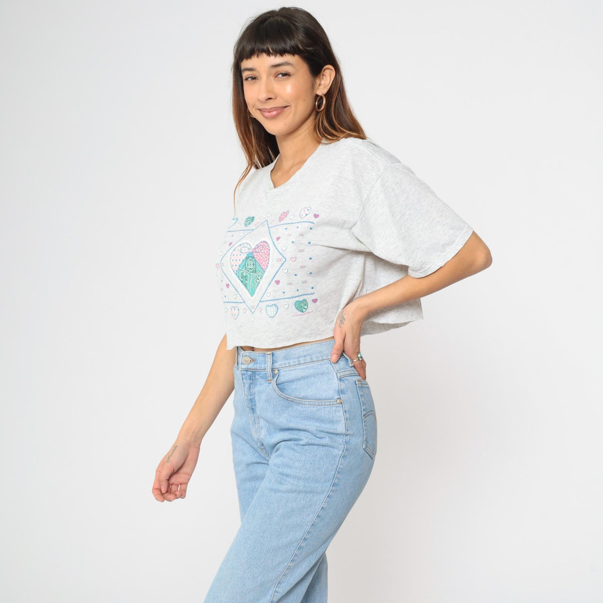 90s Jerzees Cropped Heart Patchwork T-Shirt Grey Graphic Tee Large L