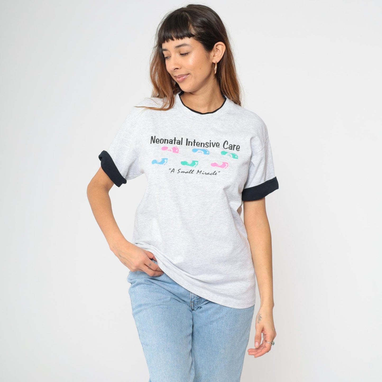 90s Neonatal Intensive Care T-Shirt Grey Ringer Tee Baby Footprint Medium