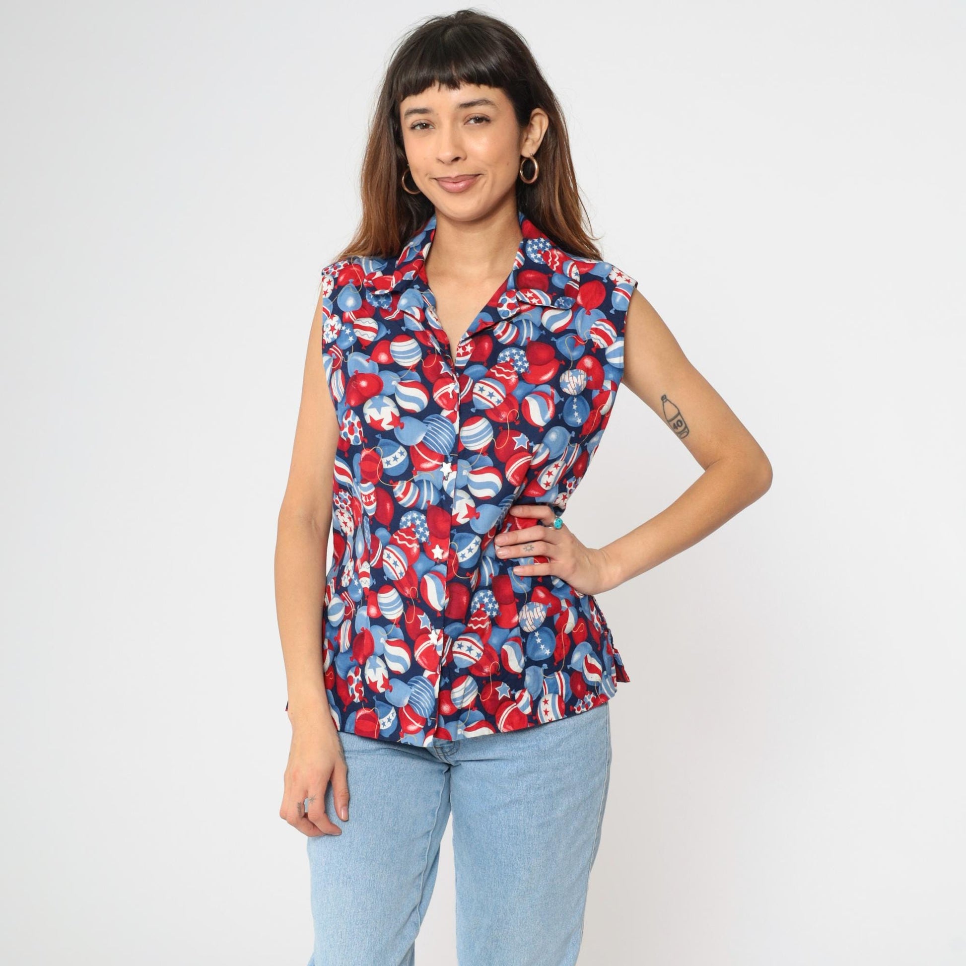 90s Patriotic Balloon Print Sleeveless Button-Up Shirt Red White Blue Large L