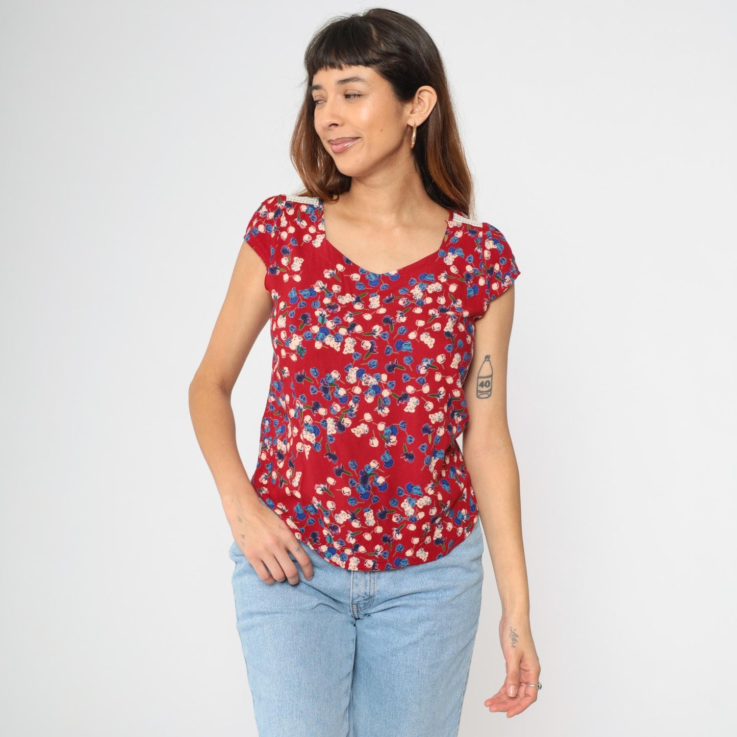 Y2K Red Floral Blouse Lace Trim Puff Sleeve Scoop Neck Extra Small