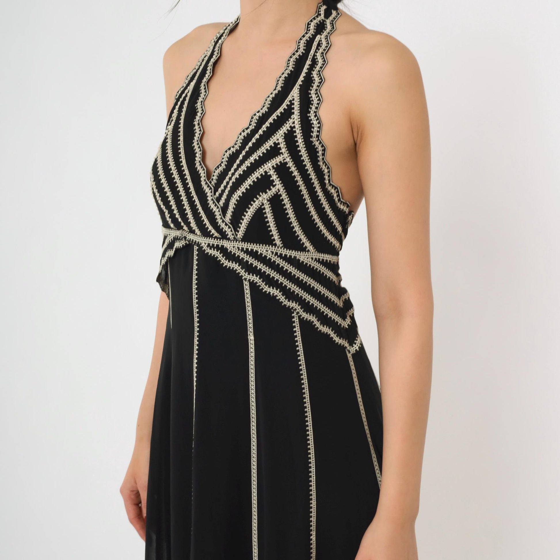 Y2K Eliza J Black Halter Midi Dress Embroidered Beaded Empire Waist Small 6