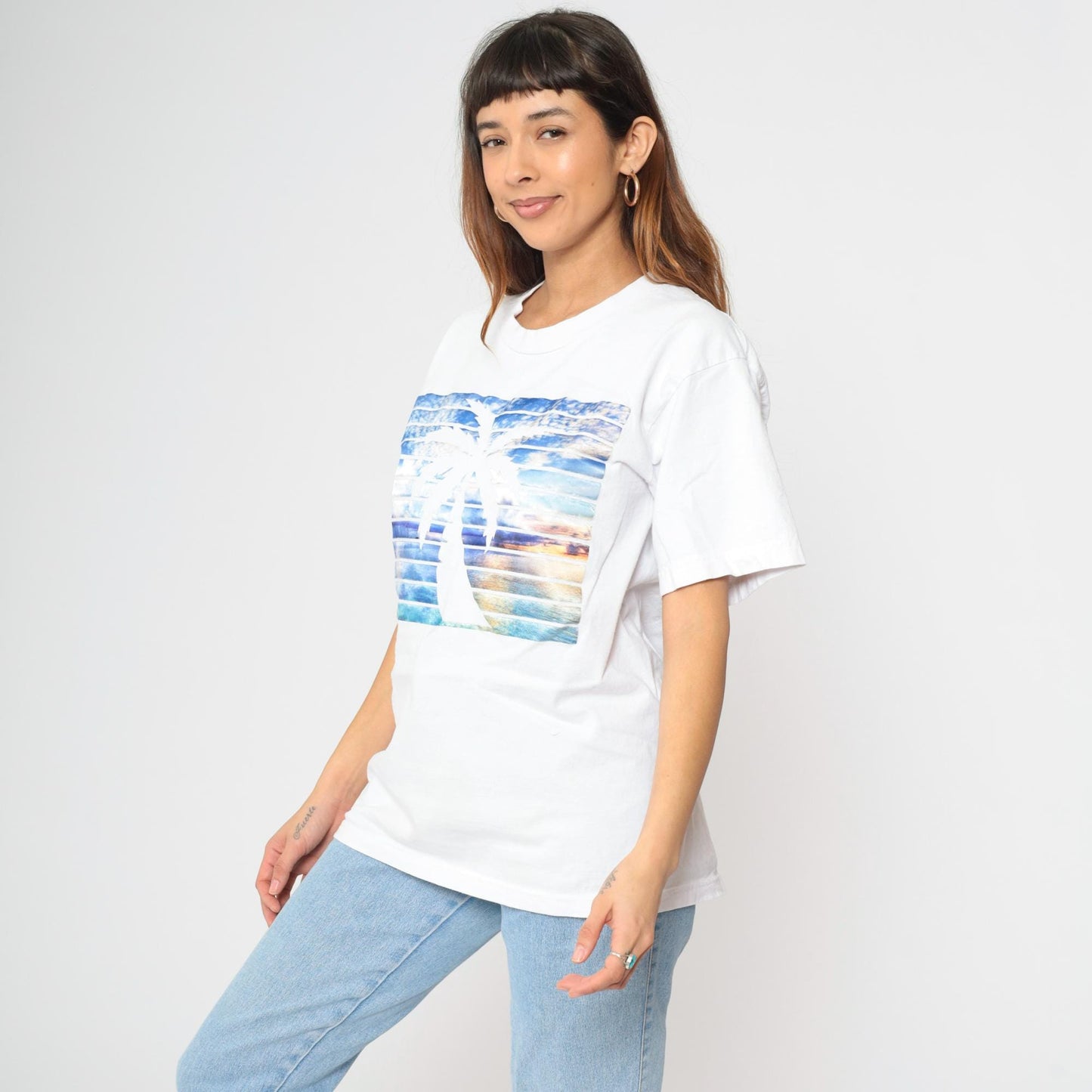 90s Palm Tree Sunset Graphic T-Shirt White Cotton Crew Neck Large L