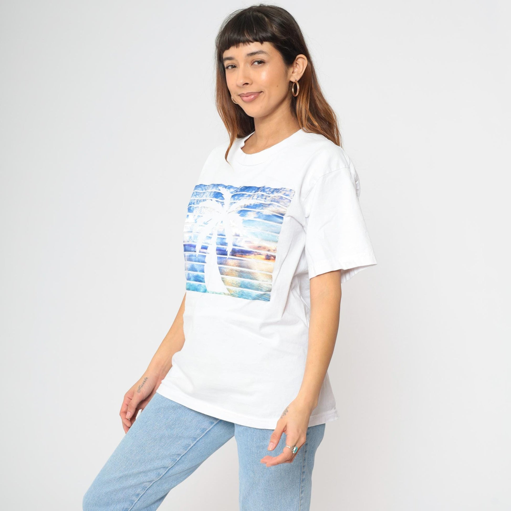 90s Palm Tree Sunset Graphic T-Shirt White Cotton Crew Neck Large L