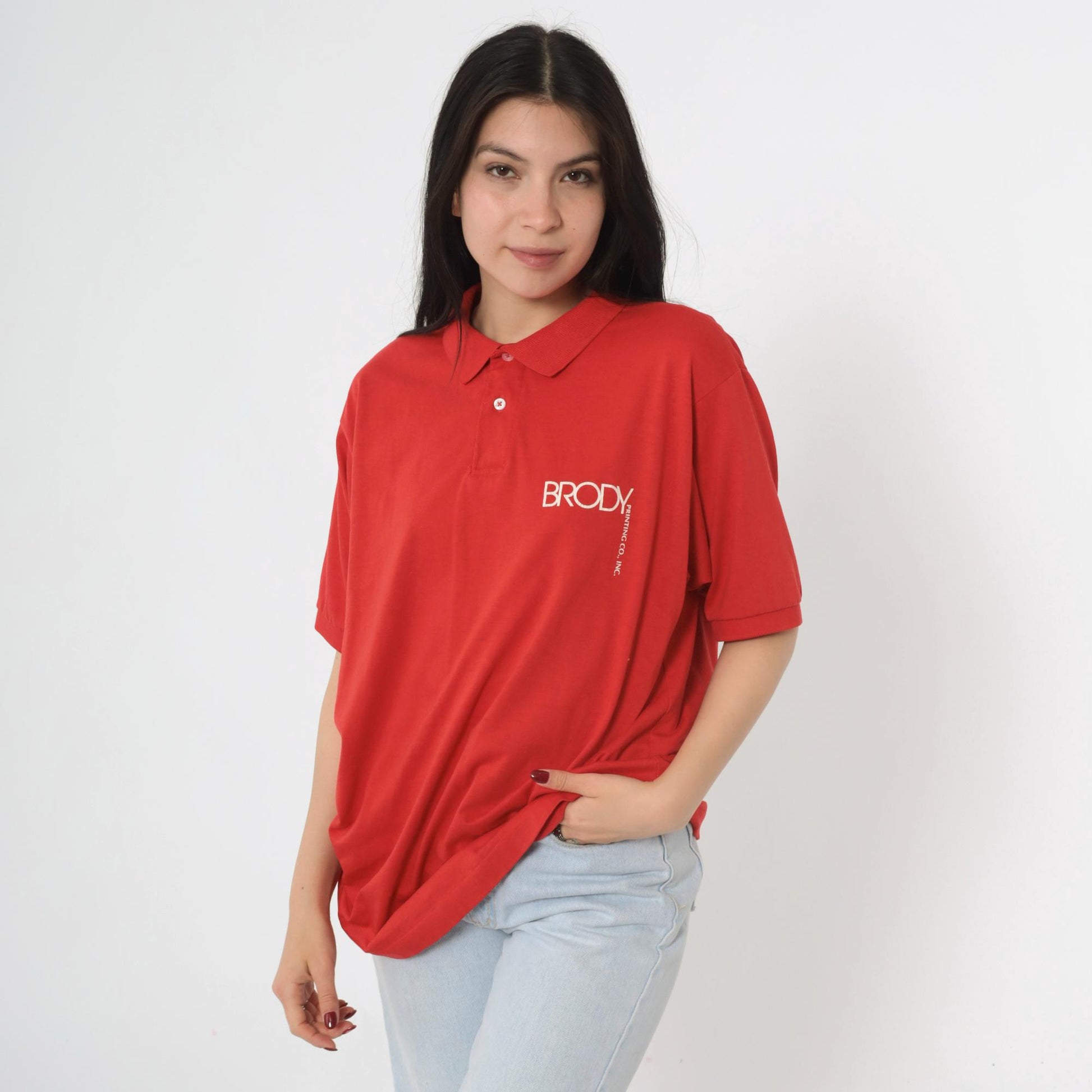 90s Hanes Brody Print Co Logo Polo Shirt Red Extra Large XL