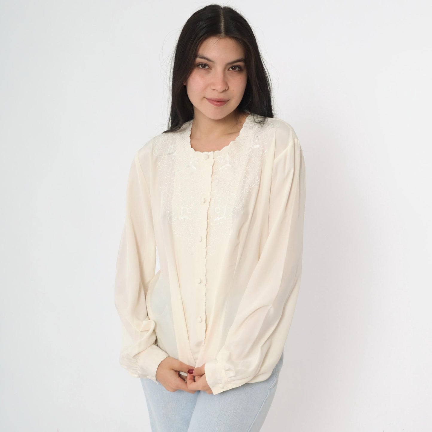 90s Mikado Ivory Embroidered Blouse Bird Motif Scalloped Long Sleeve Large L